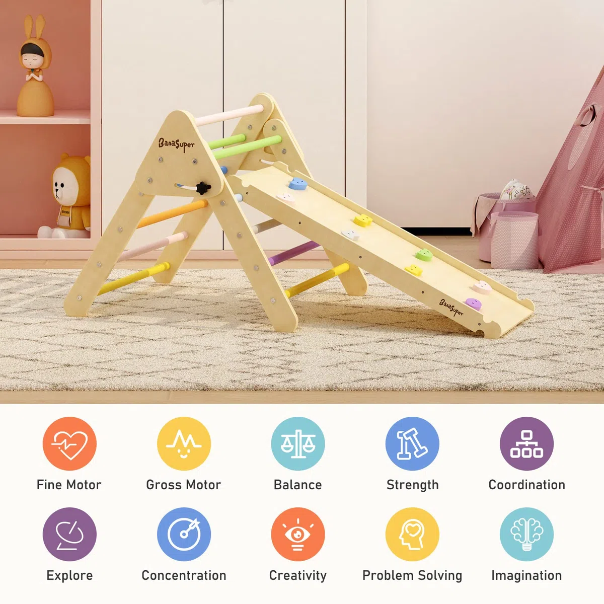 BanaSuper 2 in 1 Bambini Triangolo da Arrampicata in Legno Pieghevole con Rampa Giocattoli Montessori