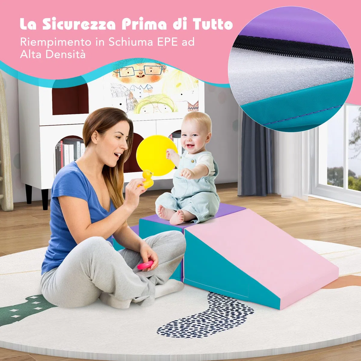 COSTWAY Set di 2 Blocchi per Gattonare e Arrampicare per Bambini, Schiuma Morbida Gioco Attivo Interno, Viola e Rosa