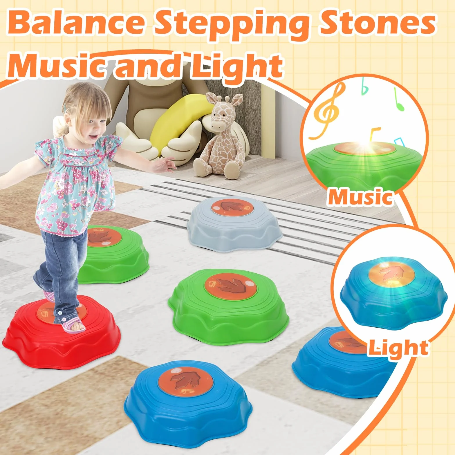 Pietre di Bilanciamento per Bambini con Luci e Musica, 6 Pezzi, Gioco da Giardino Impilabili Antiscivolo