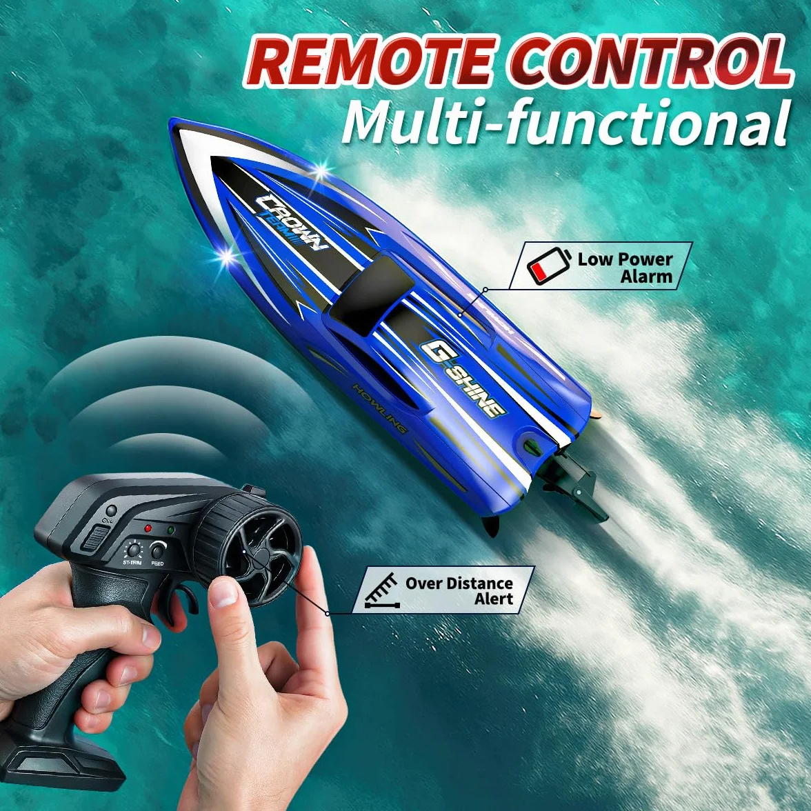 Barca Telecomandata 35 km/h con LED, Funzione Flip, Raffreddamento ad Acqua, Allarme Batteria Scarica e Distanza, 2 Batterie, Impermeabile, 2.4 GHz, per Bambini e Adulti, per Lago e Piscina