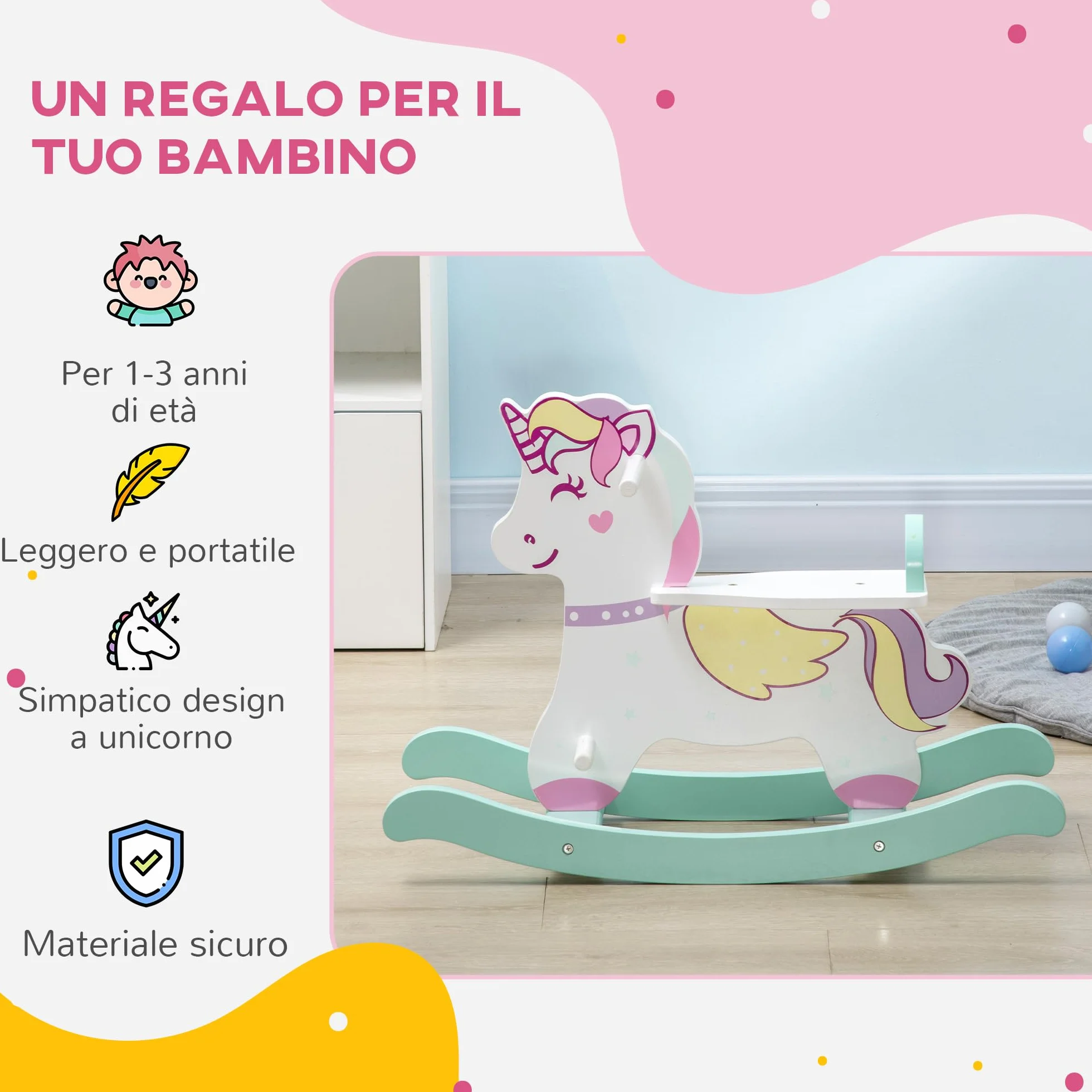 HOMCOM Cavallo a Dondolo per Bambini 1-3 Anni Cavalcabile, Cavalluccio a Dondolo con Maniglie, Schienale e Pedali in MDF, 68x27x47.5 cm, Blu Rosa Bianco