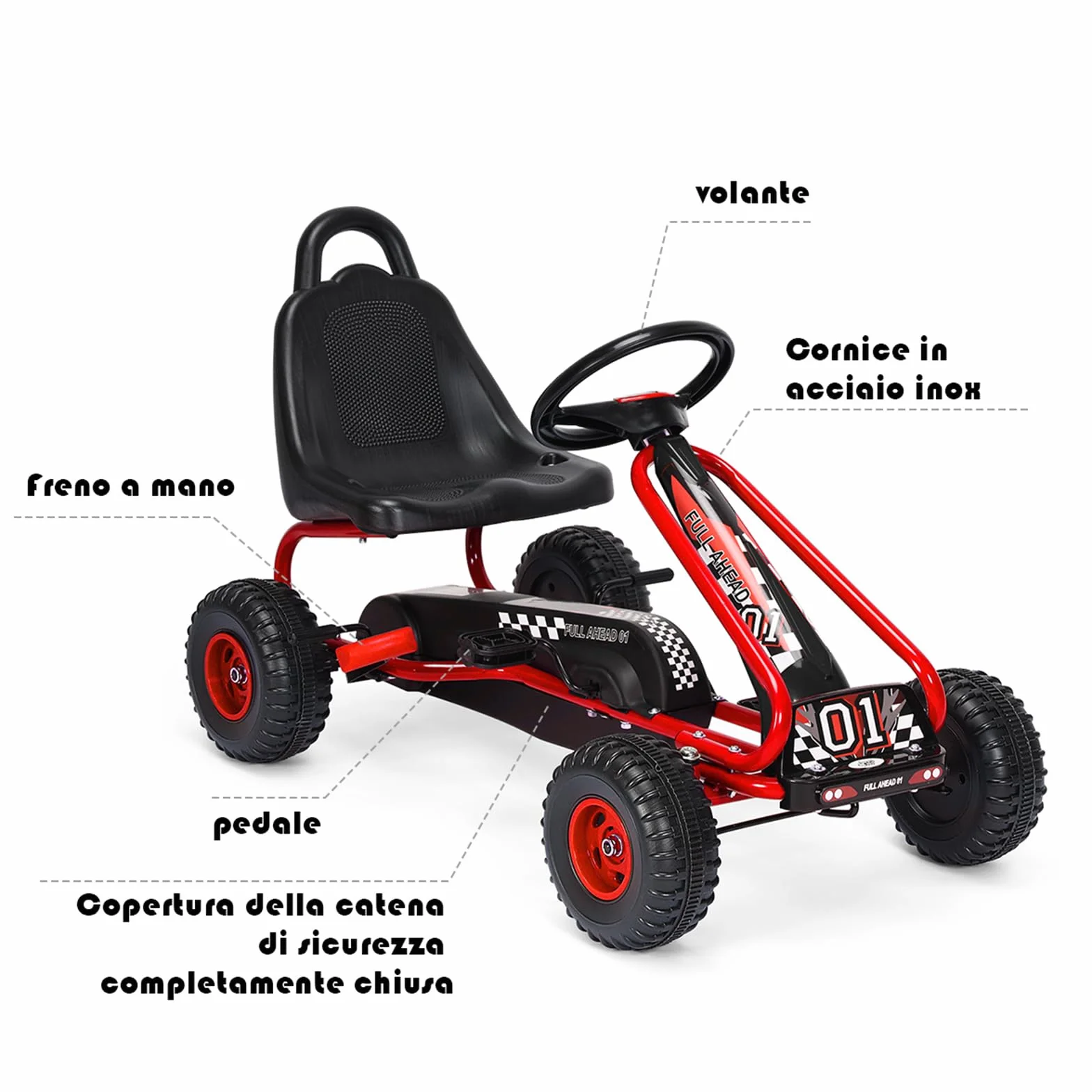COSTWAY Go Kart a Pedali per Bambini, Veicolo con Sedile Regolabile e Freno a Mano, Portata 30 kg Rosso