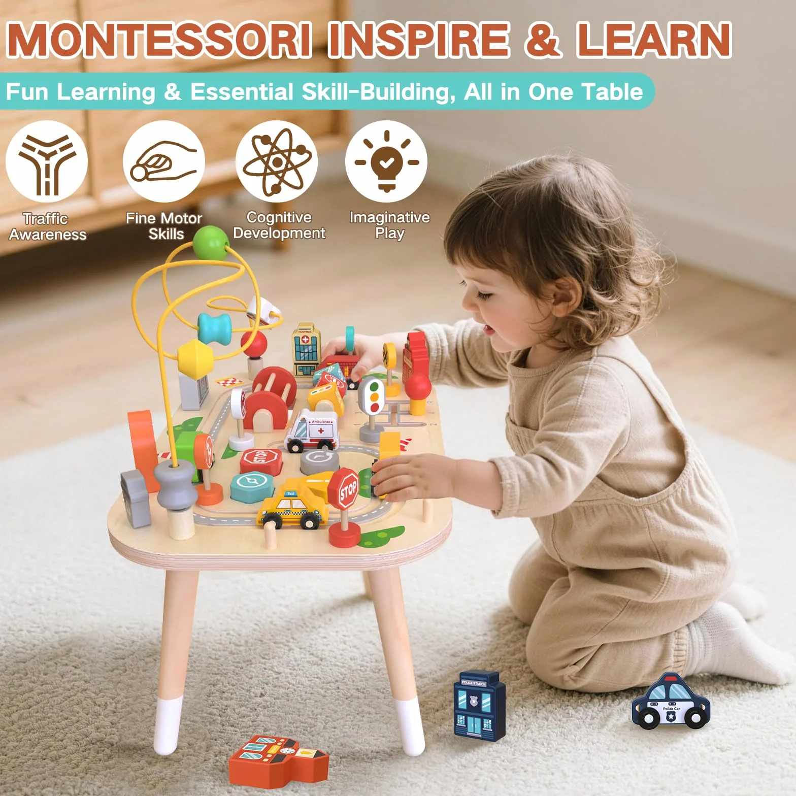 Weilim Tavolo attività in Legno per Bambini, Legno con Labirinto di Perline, sortatore di Forme e Pista del Trenino, Centro educativo sensoriale (Auto)