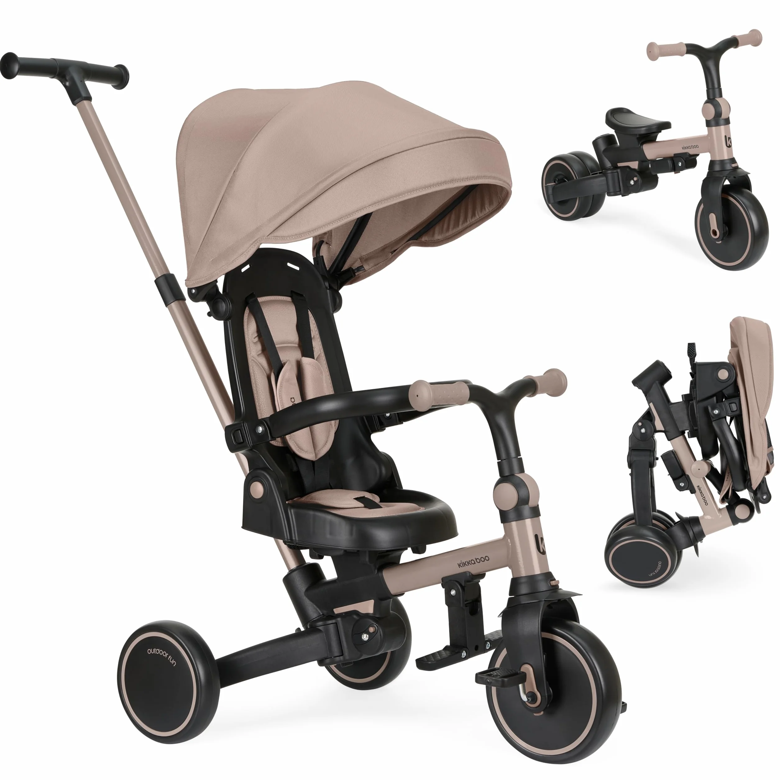 KikkaBoo Triciclo Evolutivo 8 in 1 ALUMA, da 12 Mesi a 5 Anni, Triciclo Passeggino Pieghevole con Maniglione per Genitori, Beige