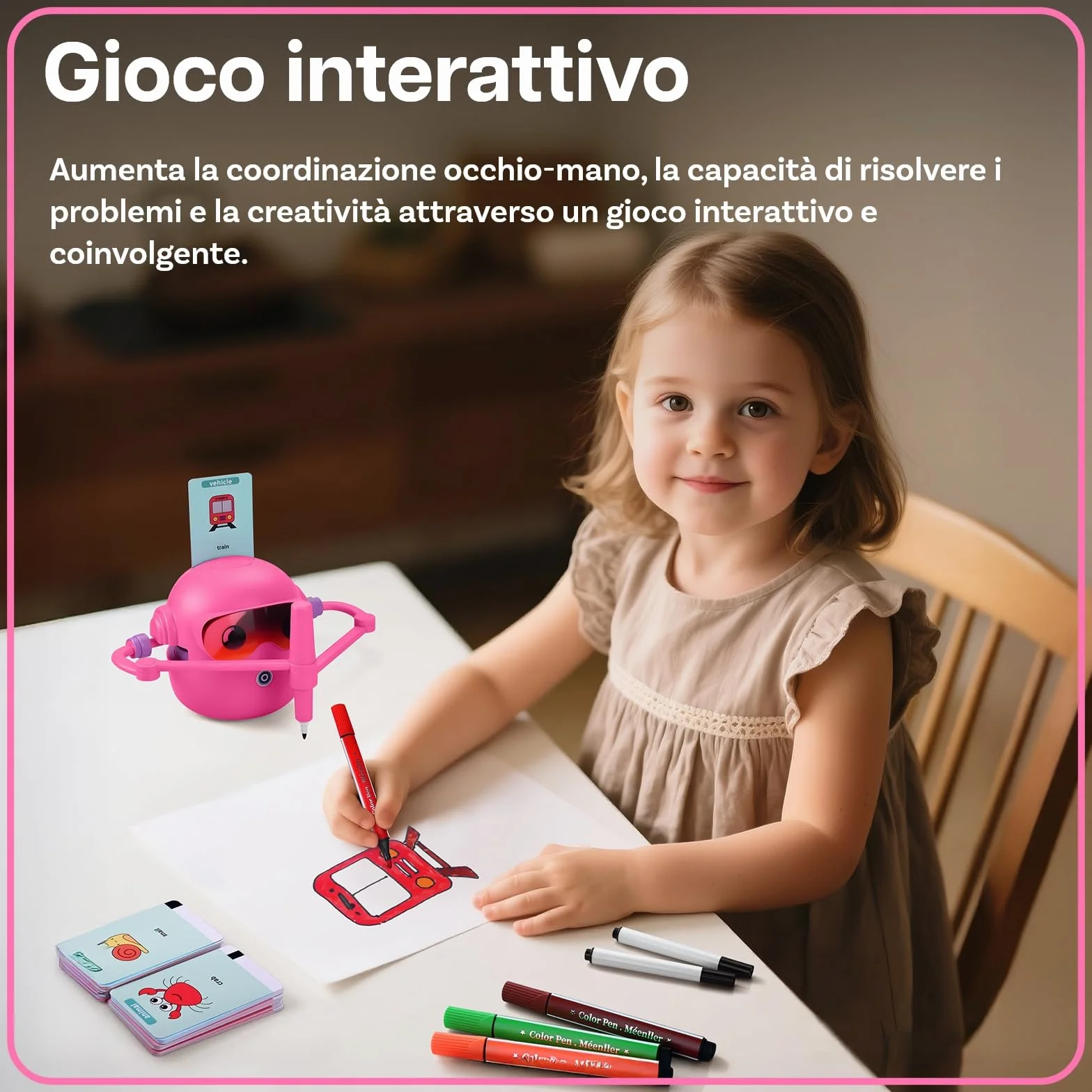 MMOBIEL Robot da Disegno per Bambini Giocattolo Educativo Interattivo con 100 Carte, 12 Pennarelli Colorati, Guida Vocale e Batteria Ricaricabile USB-C – Regalo Creativo per Età 3-9 – Rosa