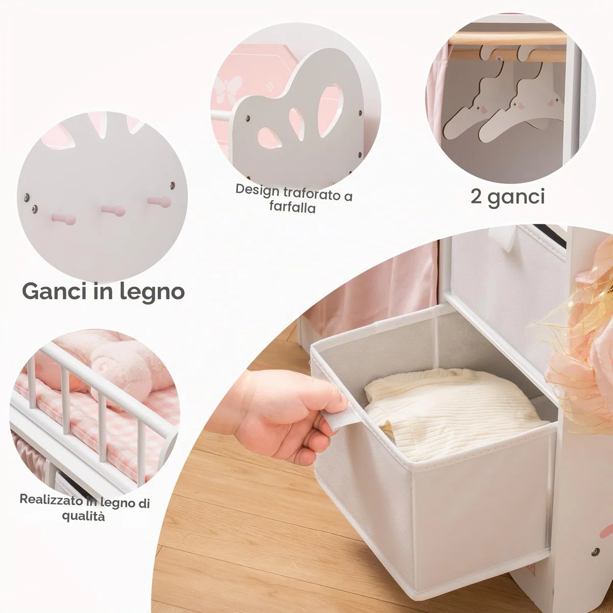 ROBUD Letto per bambole in legno con armadio e biancheria da letto per bambole fino a 55 cm