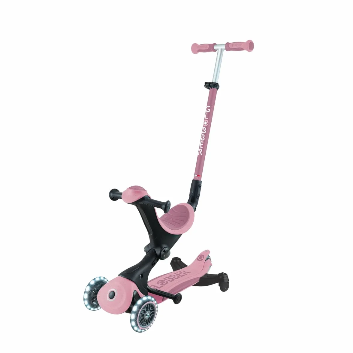Globber - GO•UP DELUXE LIGHTS ECO 360 - monopattino evolutivo a 3 ruote con seduta girevole a 360°, poggiapiedi, luci LED e materiali sostenibili, per bambini da 15 mesi a 6 anni - rosa bacca