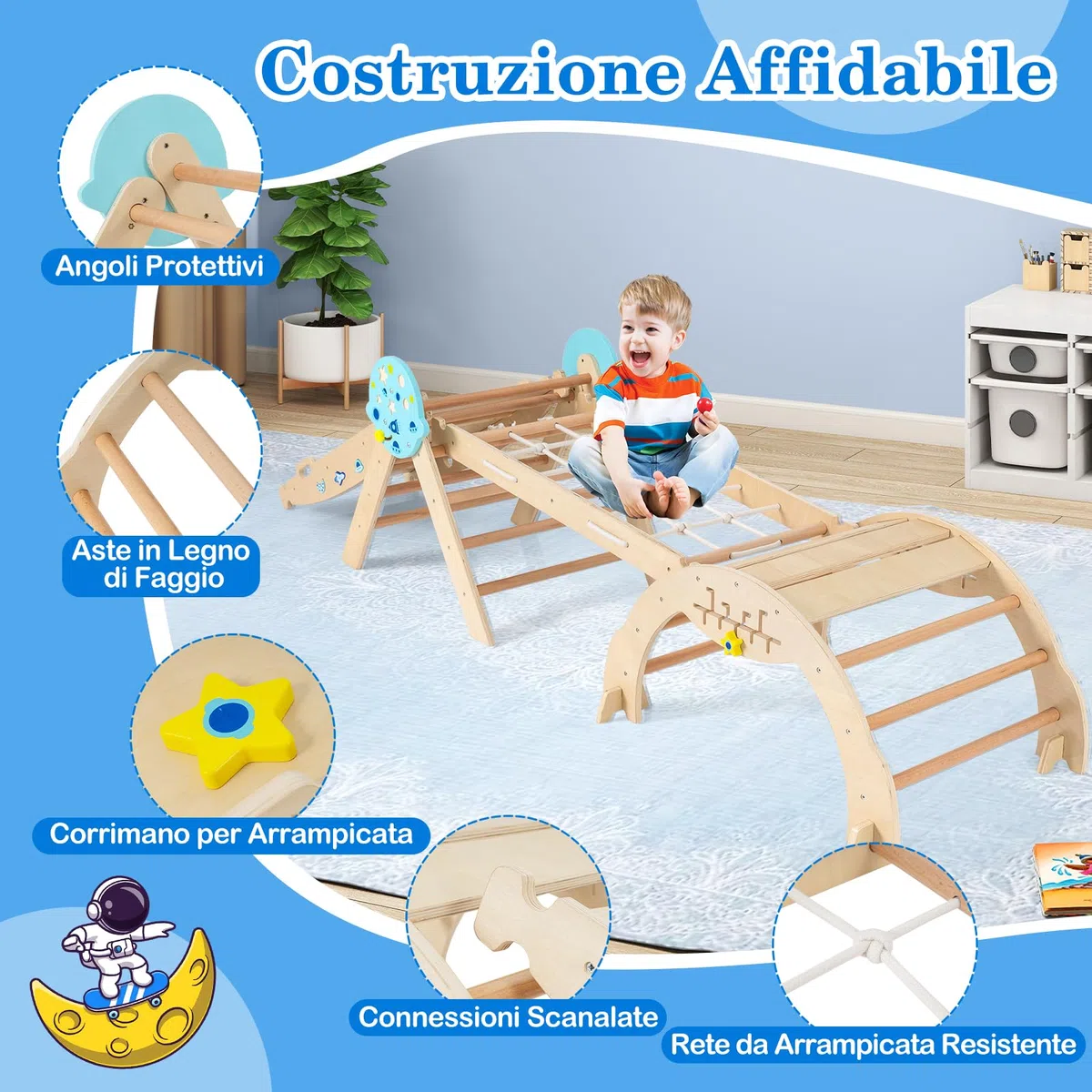 COSTWAY Set da Arrampicata in Legno per Bambini, Giocattoli Montessori 8 in 1 con Triangolo Arco Rampa e Corda, Naturale