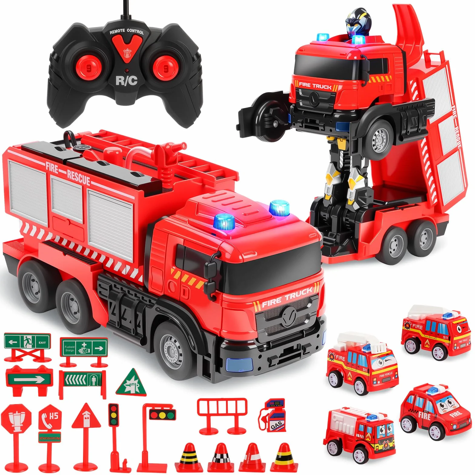 Charmofun Camion Pompieri Giocattolo Telecomandato, Autopompa Vigili del Fuoco con Luci e Suoni, Pompiere Giocattoli con Irrigatore, Trasforma Robot e Macchina Telecomandata, Regalo Bambini