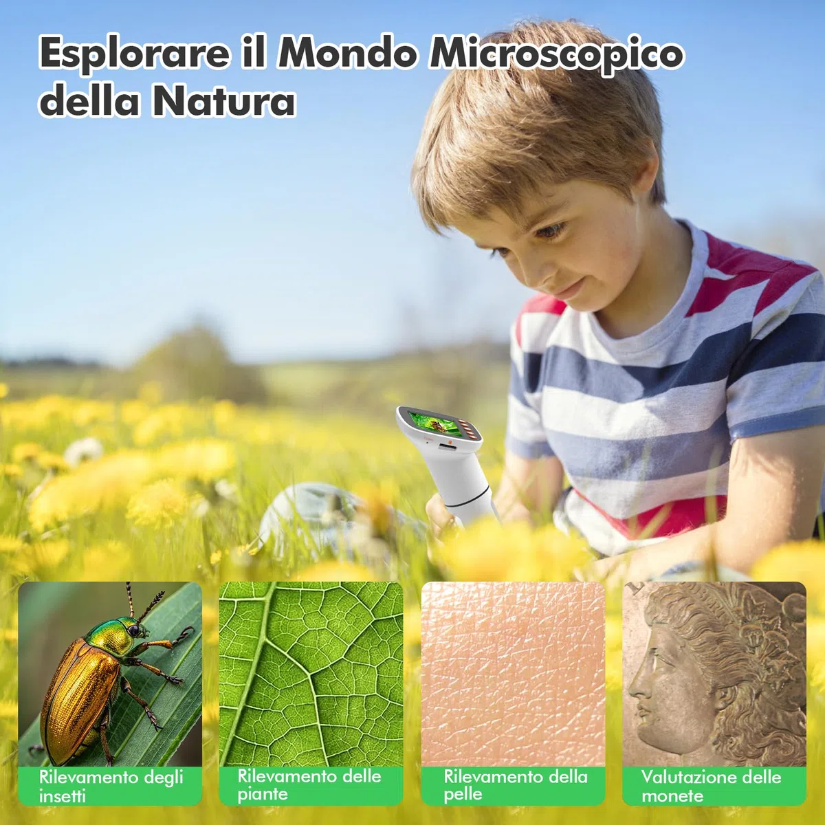 HOMEASY Microscopio Digitale per Bambini con HD Display 50X-1000X Ottica Regolabile e Doppia Luce LED Accessori Inclusi per Osservazione di Insetti Piante e Campioni 16GB SD Card Portable Educativo