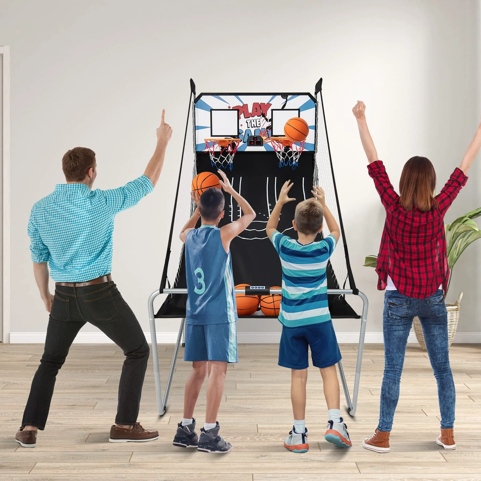 KOMFOTTEU Set di cestini da pallacanestro, arcade pieghevole a doppio cestino con contatore elettronico, 8 in 1 macchina da tiro da basket con 4 palline e pompa, 202 x 107 x 205 cm (bianco)