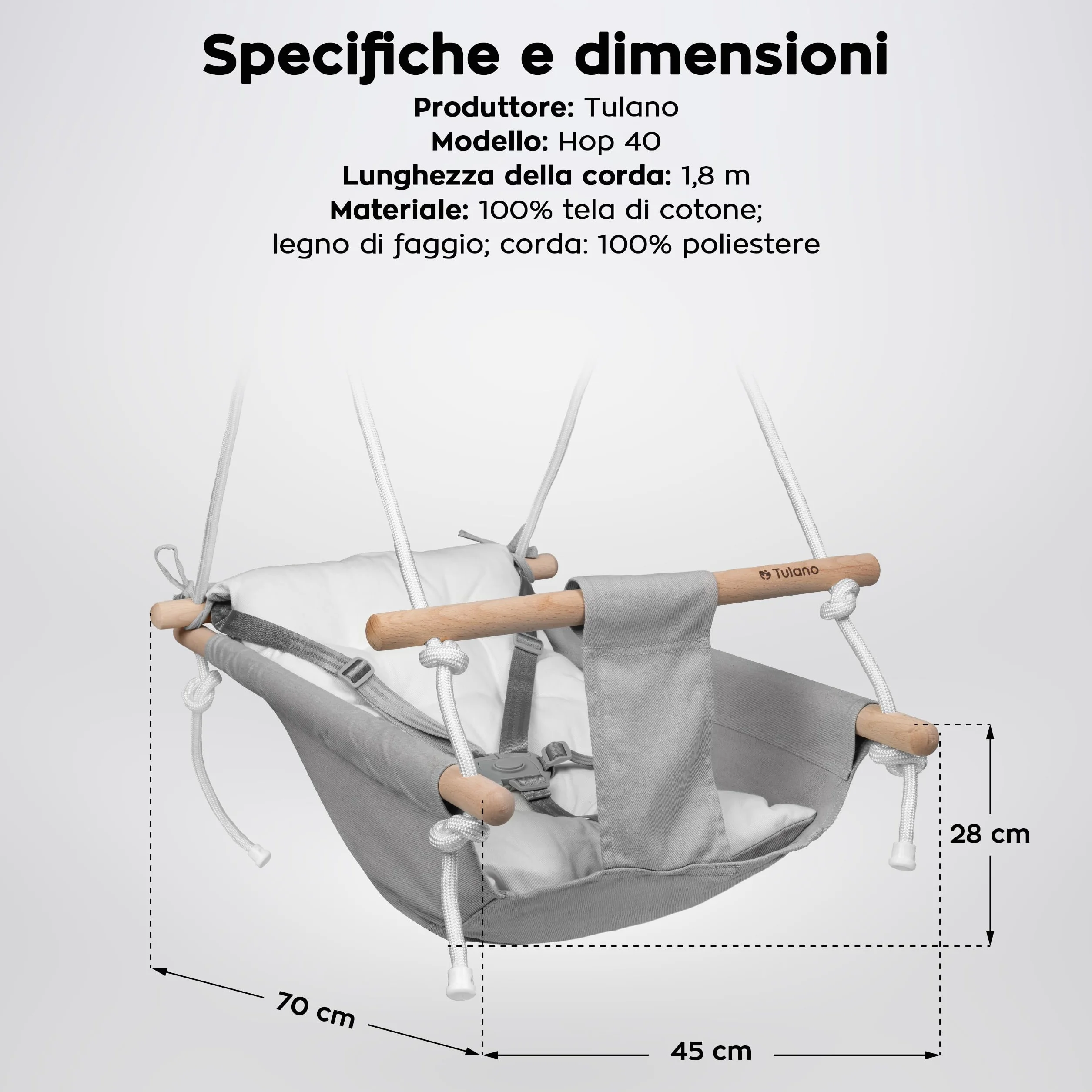 Tulano Hop 40 Altalena per bambini 3in1 - Altalena sospesa e seggiolino in cotone e legno - Dai 6 mesi - Imbottitura sicura - Portata 60 kg - Per interno ed esterno - Grigio