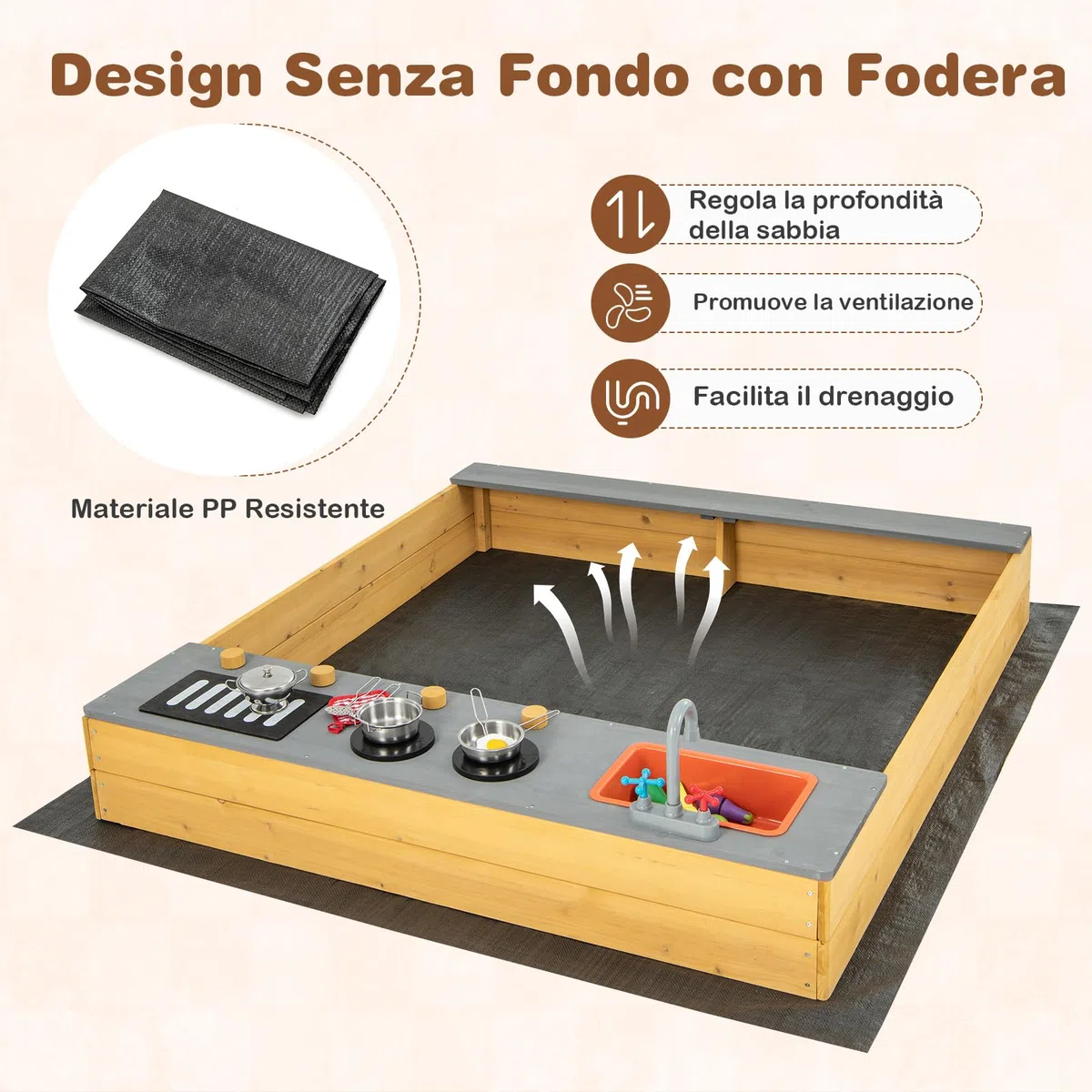GYMAX Sabbiera in Legno per Bambini con Fodera Inferiore, Set Sabbiera da Gioco 3 in 1 per Bambini, Sedile a Panca, Sabbiera per Bambini da Esterno, per Bambini dai 3 ai 8 Anni, 135x125x20 cm