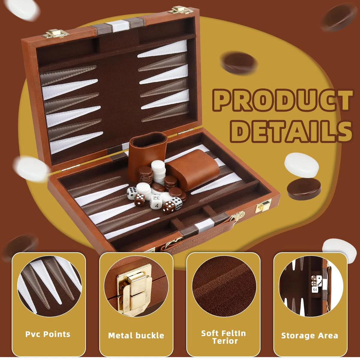 Backgammon, Set da viaggio in legno con custodia in pelle di alta qualità, Portatile, 2 giocatori, Età: 8+, Per tutte le età