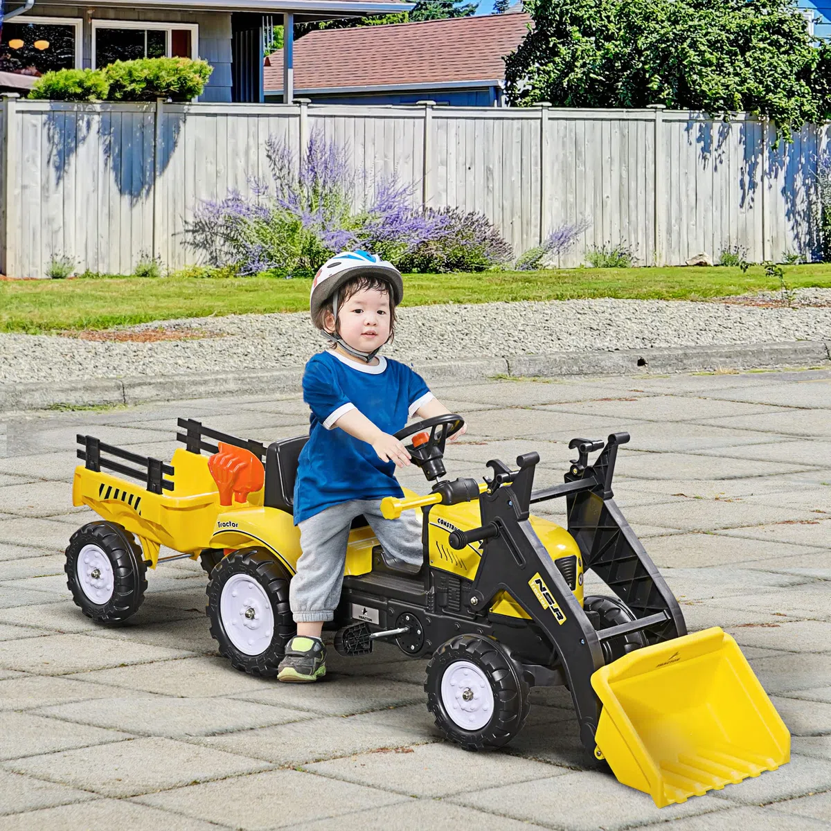 HOMCOM Escavatore Cavalcabile per Bambini da 3 Anni con Ruspa Frontale e Rimorchio Rimovibile, Trattore a Pedali per Bambini con 6 Ruote, Giallo