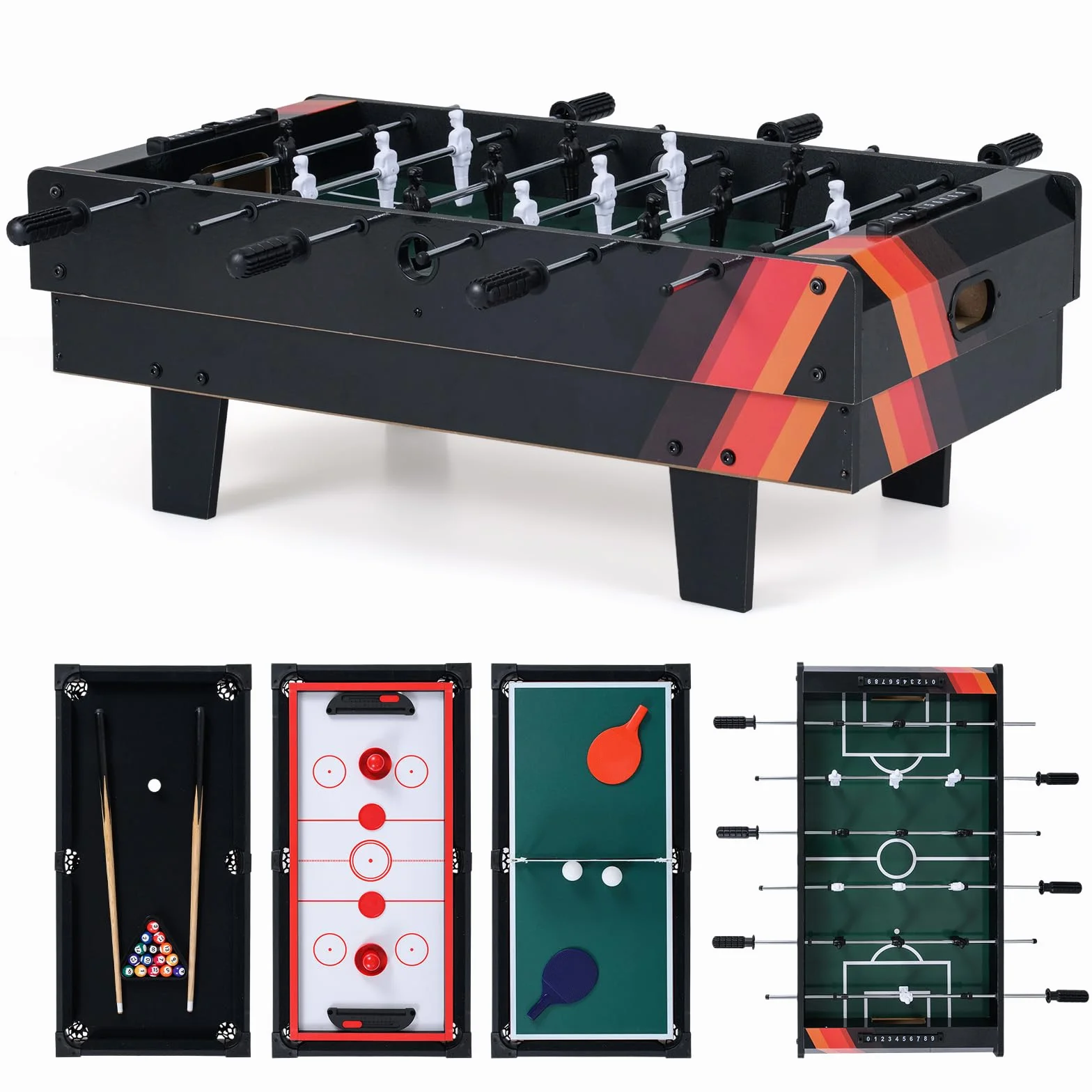 COSTWAY Tavolo Multigioco, Gioco Multifunzione 4 in 1-Calcio Balilla, Tavolo da Biliardo, Ping Pong, Air Hockey, Calcetto Multigioco per Adulti e Bambini, Casa Feste Bar (Nero)