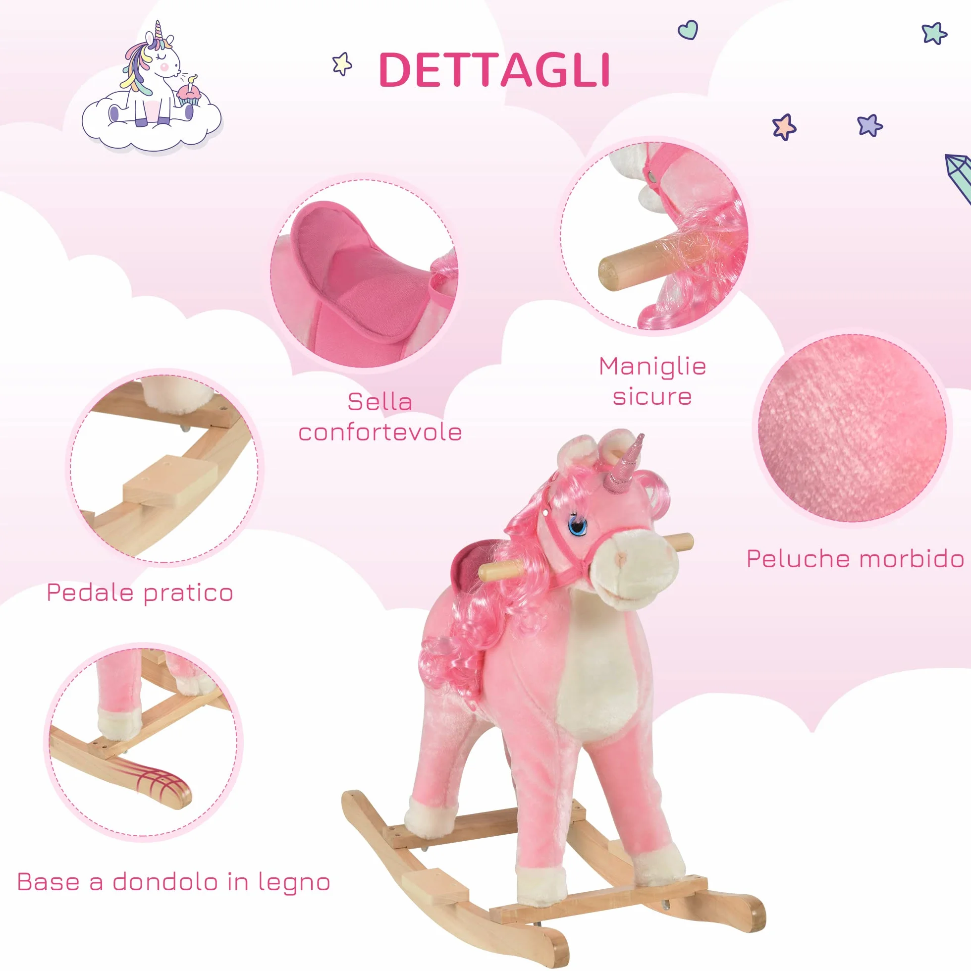 HOMCOM Cavallo a Dondolo per Bambini 36-72 Mesi, Unicorno a Dondolo con Suoni in Legno e Peluche Rosa, 74x33x62cm