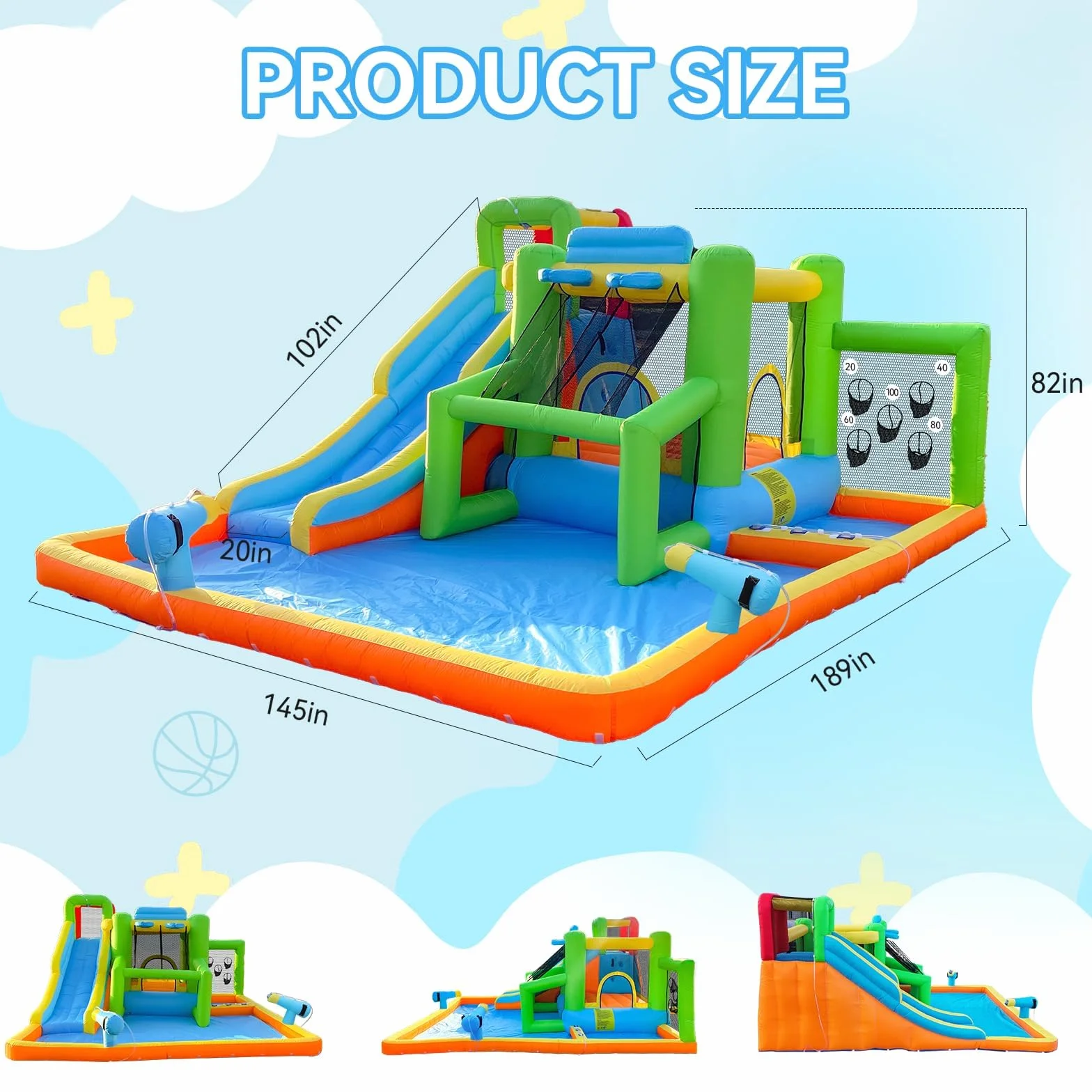 Castello Gonfiabile per Bambini, Parco Acquatico a Secco/Scivolo per Interno Outdoor, Castello Gonfiabile Gigante con Piscina Parete Arrampicata Trampolino, Fino a 4 bambini/140KG, 425 x 355 x 215 cm