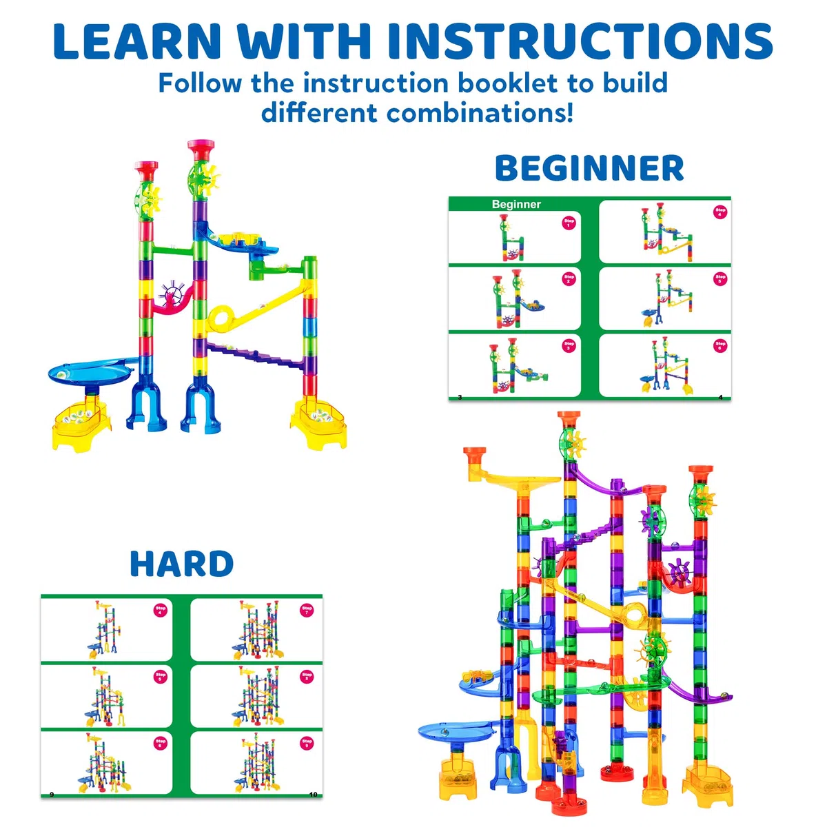 JOYIN - Set di Giocattoli in Marble Run (170 Pezzi), Giocattolo educativo per Costruzione (120 Pezzi in plastica + 50 Marmi di Vetro)