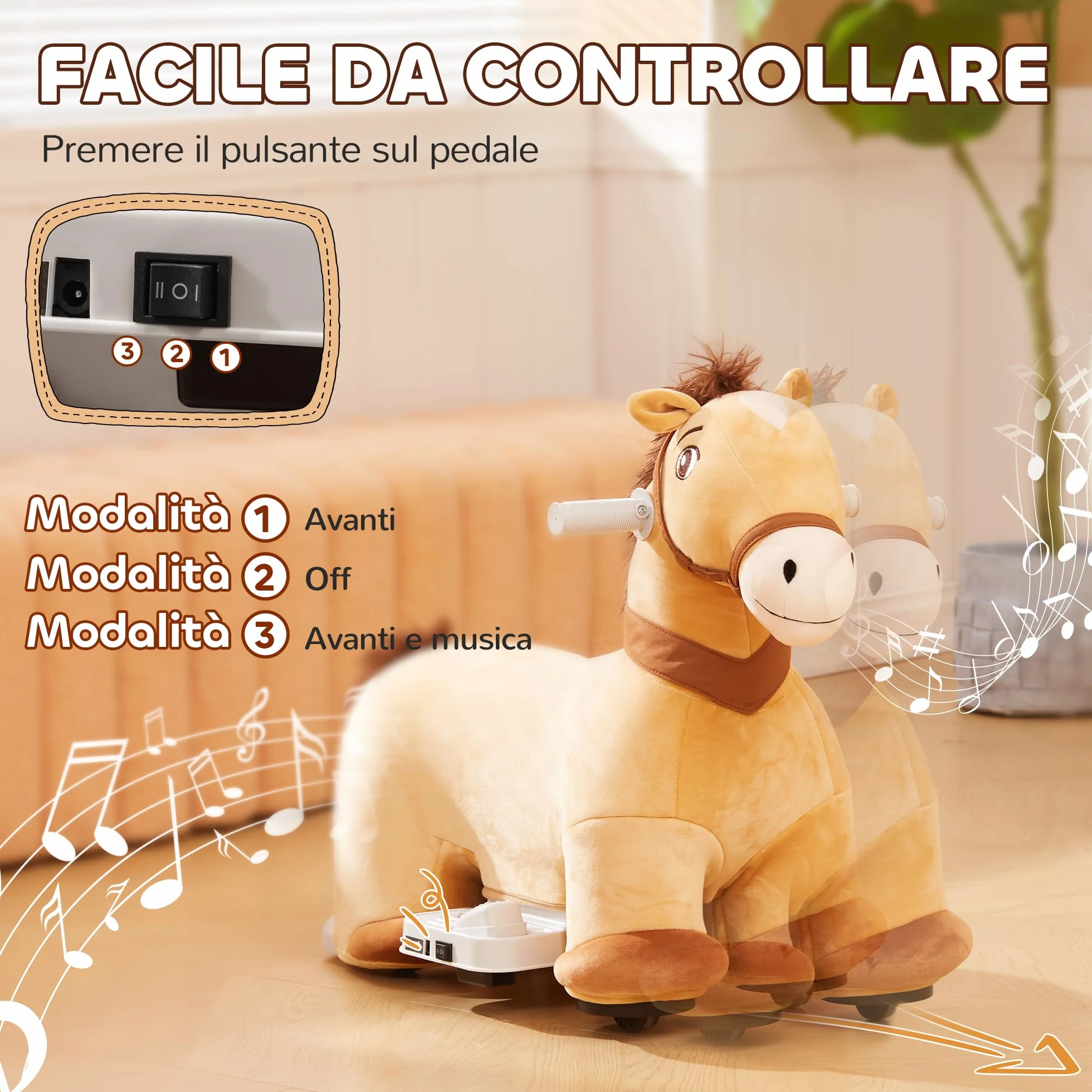 AIYAPLAY Cavallo a Dondolo Elettrico 6V per Bambini da 18-36 Mesi con Musica e Ruote, Cavalluccio a Dondolo Cavalcabile in Poliestere, 69x34x53cm, Marrone