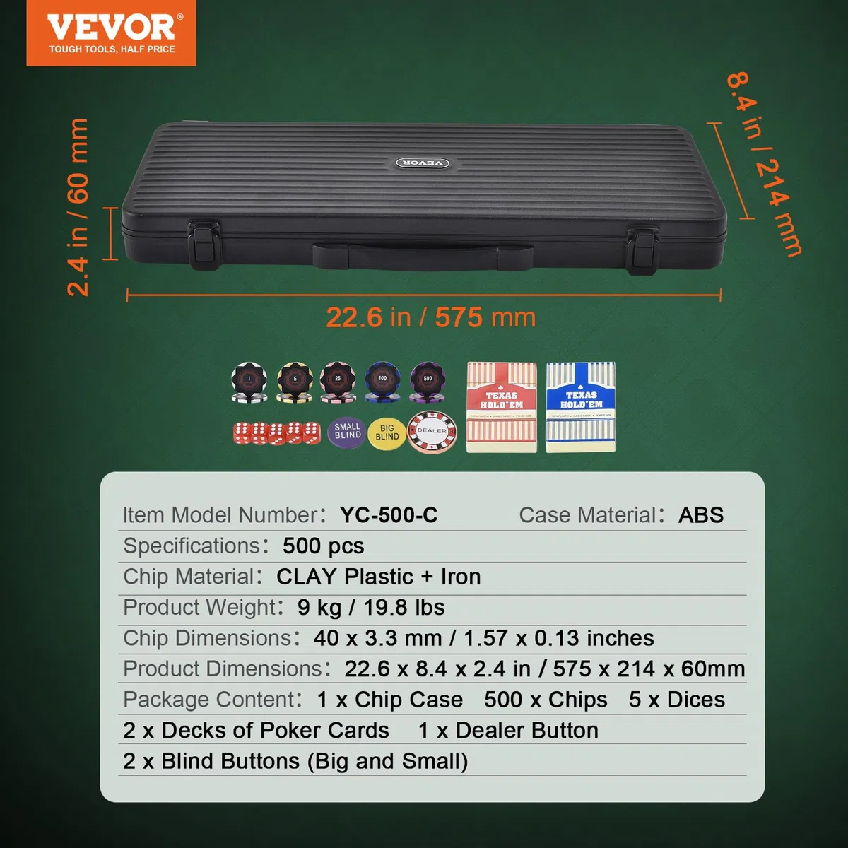 VEVOR Set di Fiches da Poker, Set Poker 500 Pezzi, Set Completo Fiches Carte da Giochi in Argilla con Valigetta in ABS, Fiches da Poker 9-10 Giocatori, Carte, Bottoni Dadi per Texas Hold'em, Blackjack