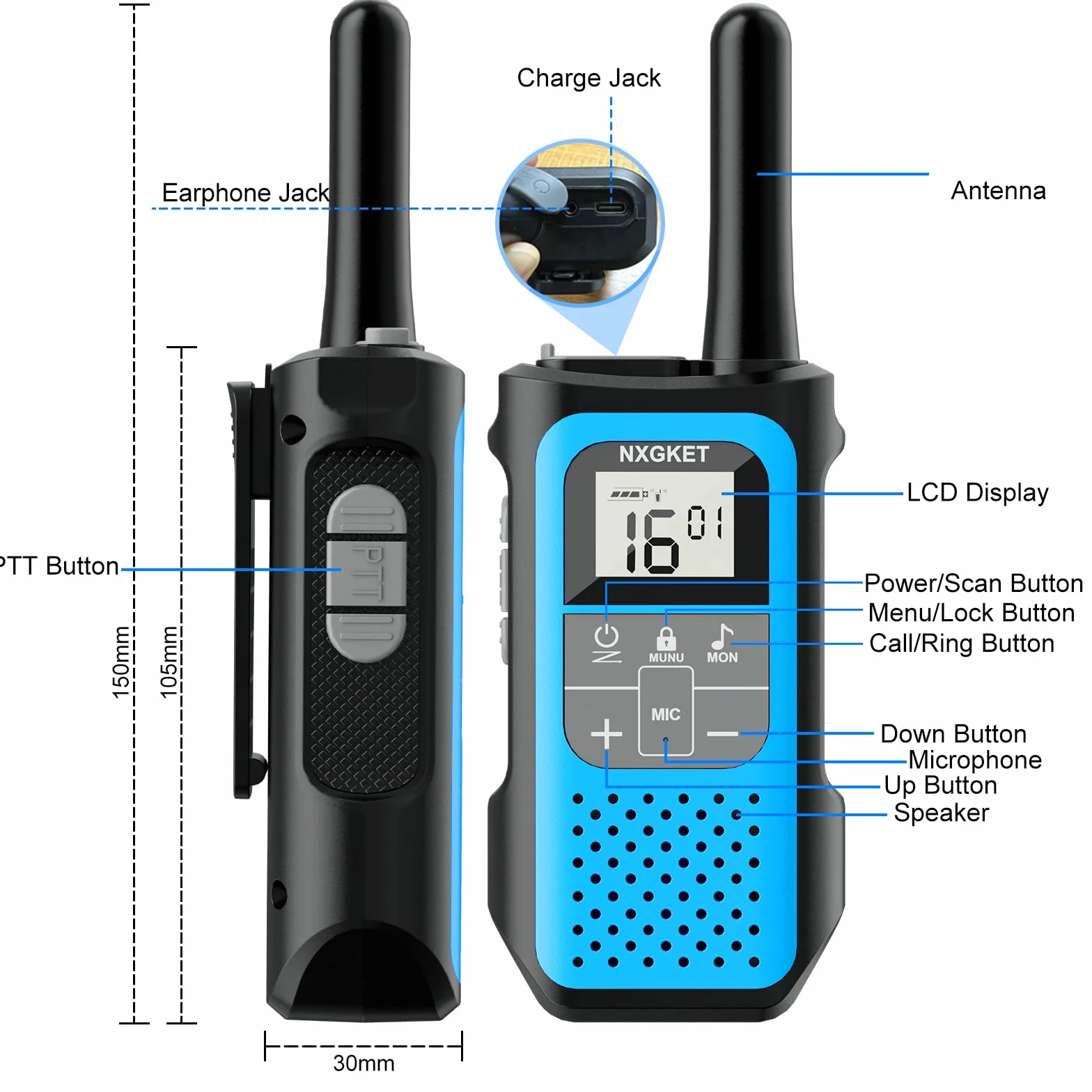Walkie Talkie per Adulti Bambini, NXGKET Walky Talky Ricaricabile, Lungo Raggio Radio a 16 Canali con Batteria Agli ioni di Litio, Cavo USB-C, VOX per Campeggio e Escursionismo, Set da 2 Pezzi