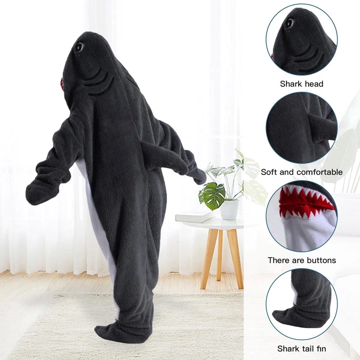 MeYuxg Coperta morbida in flanella, con cappuccio, per adulti e bambini, ideale come regalo per donne, Grigio scuro Squalo Sacco a pelo 170, 170 cm