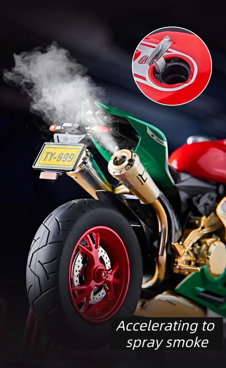 Modellino di motocicletta pressofuso in scala 1:9, caratteristiche interattive con effetti sonori, luci e parti mobili (rotazione della ruota posteriore), spruzzatura di fumo simulato (1:9 rosso+verde