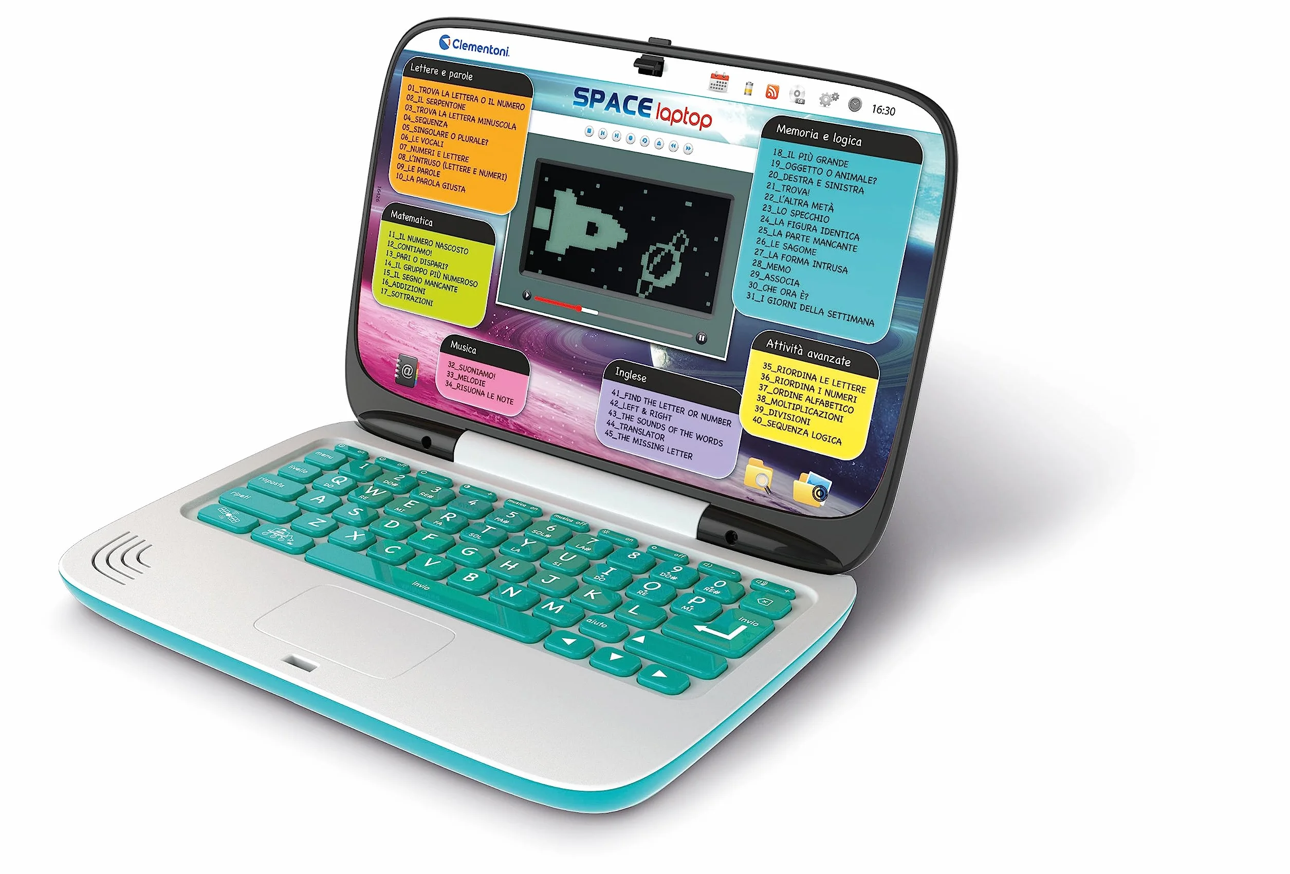 Clementoni - Computer Kid Space, Laptop Educativo Parlante Bambini 6+ Anni, 45 attività Educative Interattive, Gioco Elettronico per Imparare Lettere, Numeri e Parole, Batterie Incluse, 16426