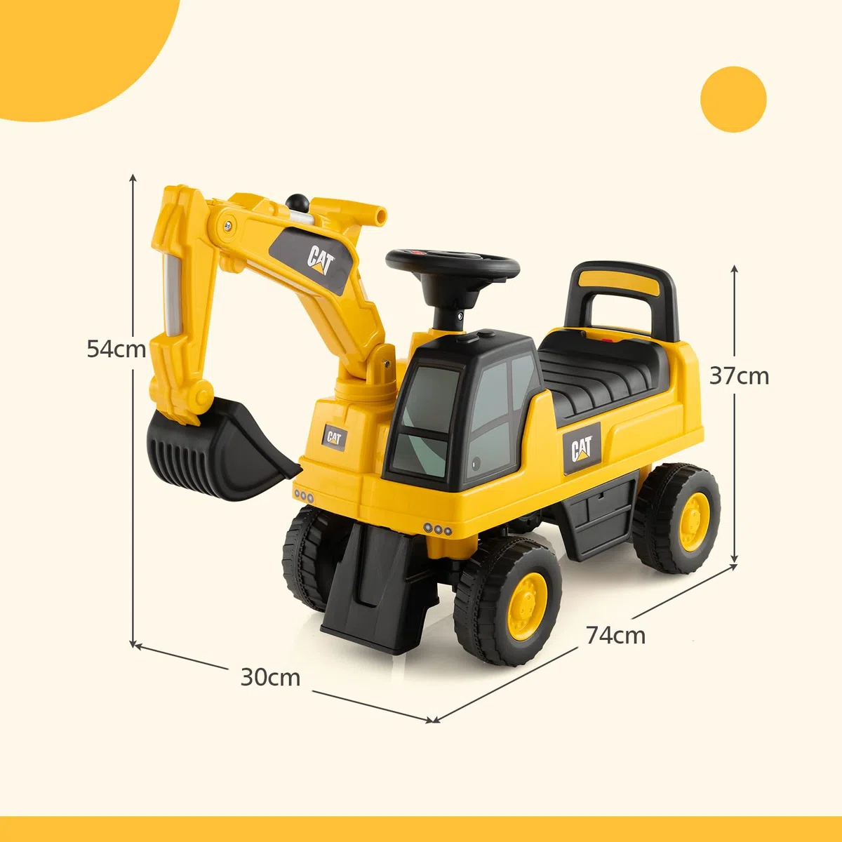 RELAX4LIFE Escavatore Ruspa Cavalcabile da 1-3 Anni per Bambini, con Licenza CATERPILLAR,Clacson suono,Braccio Girevole e Alzabile e e Vano Contenitore, 30x74x54 cm