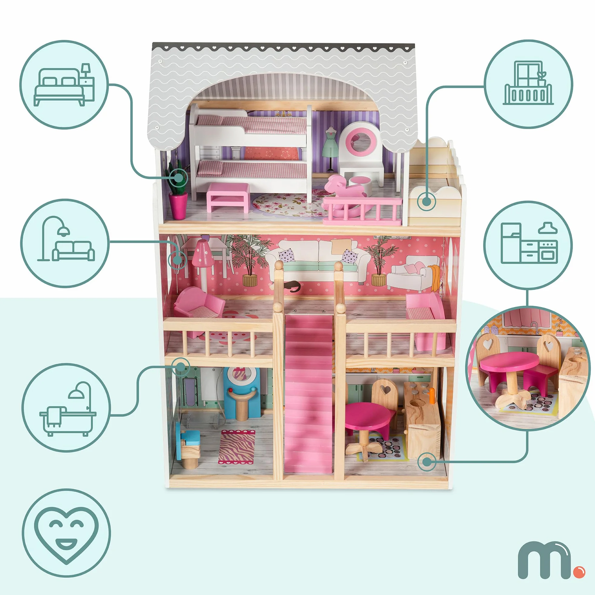 mamabrum Casa delle Bambole in Legno XXL – 3 Piani con LED e Mobili Inclusi – Casa Bambole 90x60x30 cm – Design Pastello Sicuro ed Educativo – Giocattolo per Bambine dai 3 Anni