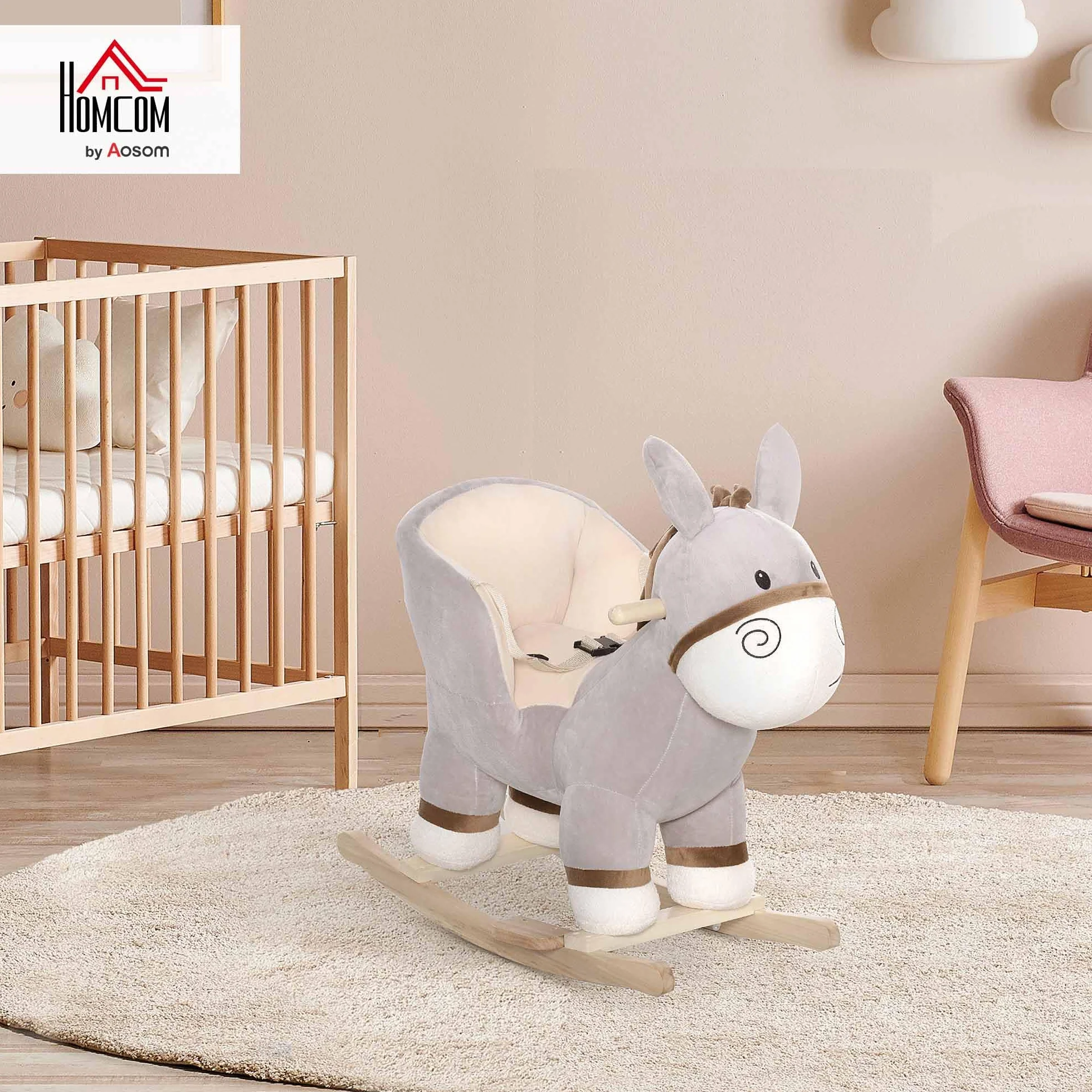 HOMCOM Cavallo a Dondolo per Bambini 18-36 Mesi, Cavalluccio a Dondolo a Forma di Asino con Suoni Realistici in Legno di Pioppo e Peluche, Grigio