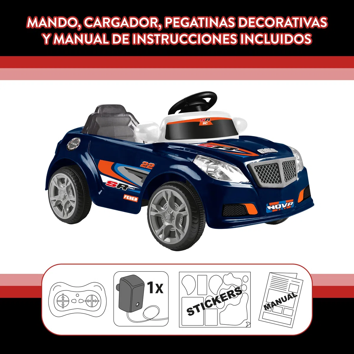 FEBER – Twinkle Car R/C BLU SCURO, Auto elettrica radiocomandata, batteria da 12 V, telecomando incluso con portata 10 m, autonomía 45 min, peso massimo 25 kg, età da 3 a 6 anni
