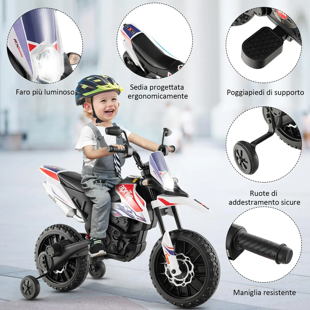 RELAX4LIFE Moto Elettrica Aprilia RX 12 V per Bambini, con Rotelle Ausiliarie, 5,5-6 km/h, Luci,Musica,Fari, Carico 30 KG, per Bambini 3-8 Anni