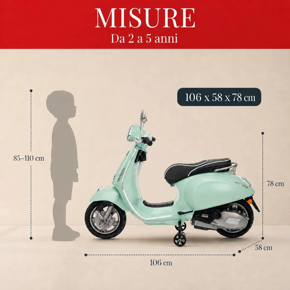 Piaggio Vespa Elettrica Bambini 12V TOYSCAR Moto Elettrica con Luci LED Bluetooth Sedile Pelle Retromarcia Rotelle Menta