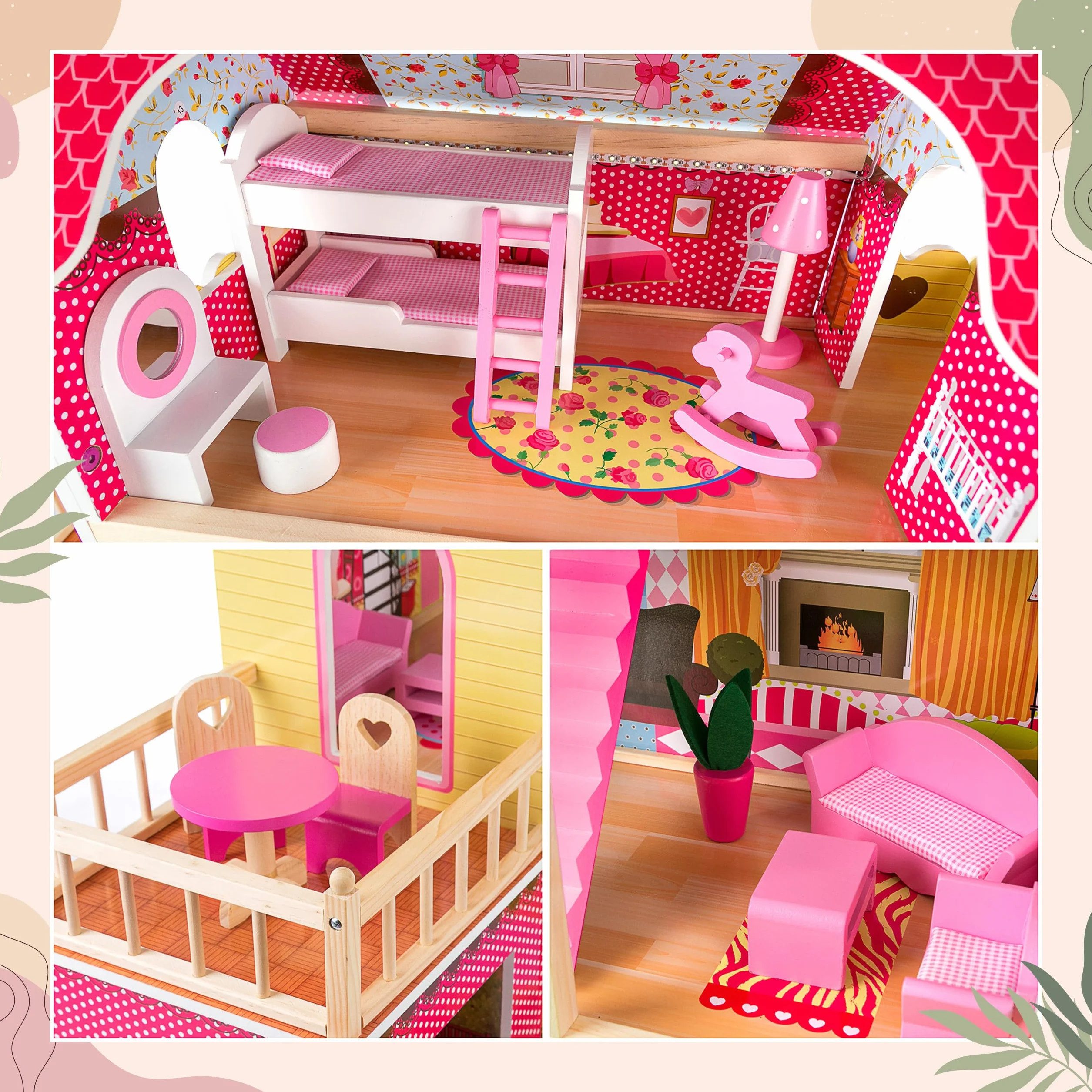 Kinderplay Green Series Casa delle Bambole in Legno – Villa a 3 Piani con LED, Giardino e Garage – Arredi Inclusi – 90x60x90 cm – Modello GS0020
