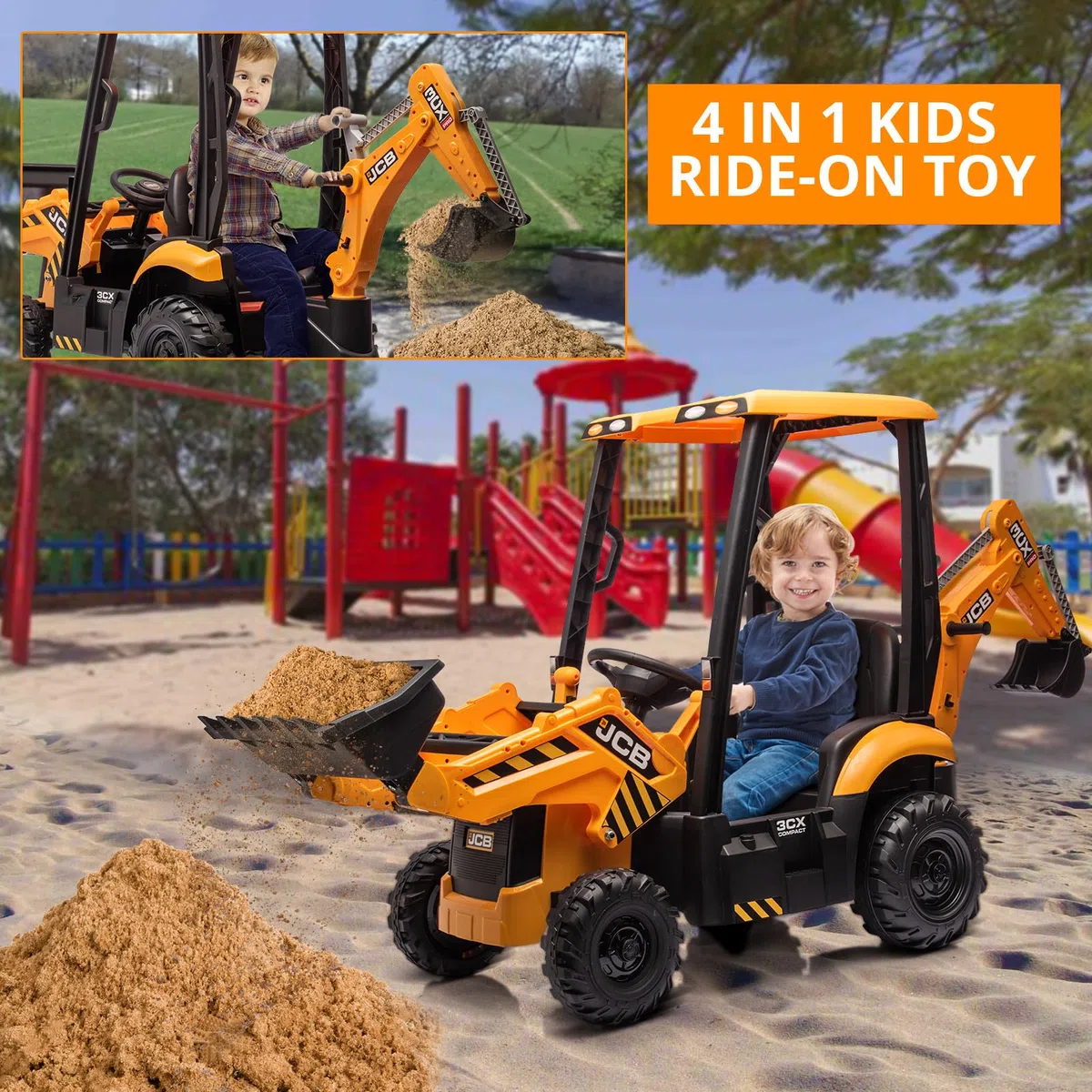 JCB 12V Escavatore Elettrico per Bambini 4 in 1 Giocattolo da Cavalcare con Telecomando