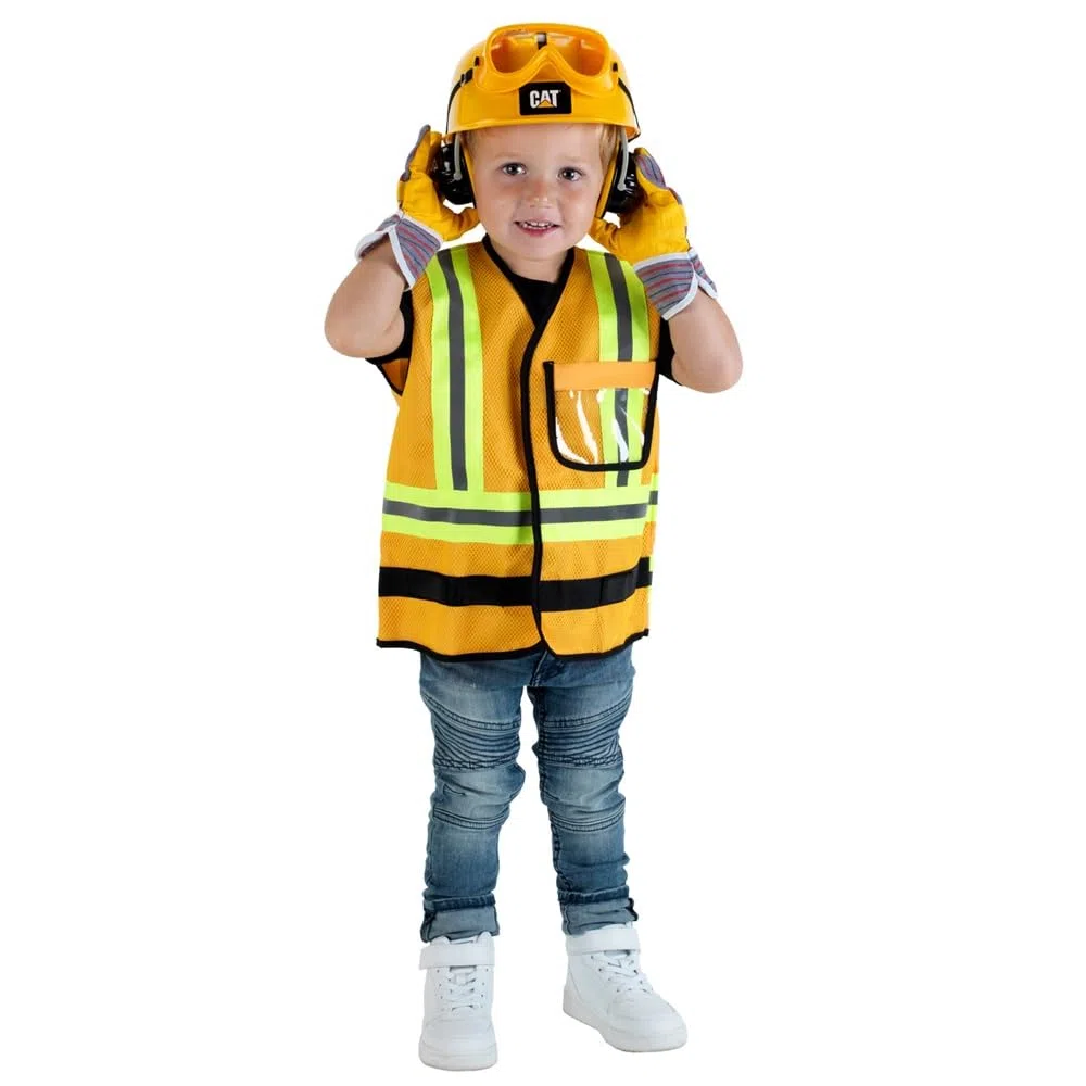 Theo Klein 3224 CAT® gilet da operaio edile, Con casco, guanti, occhiali e protezione per l’udito, Gilet di protezione per bambini da 3 a 6 anni, Giocattolo per bambini a partire da 3 anni