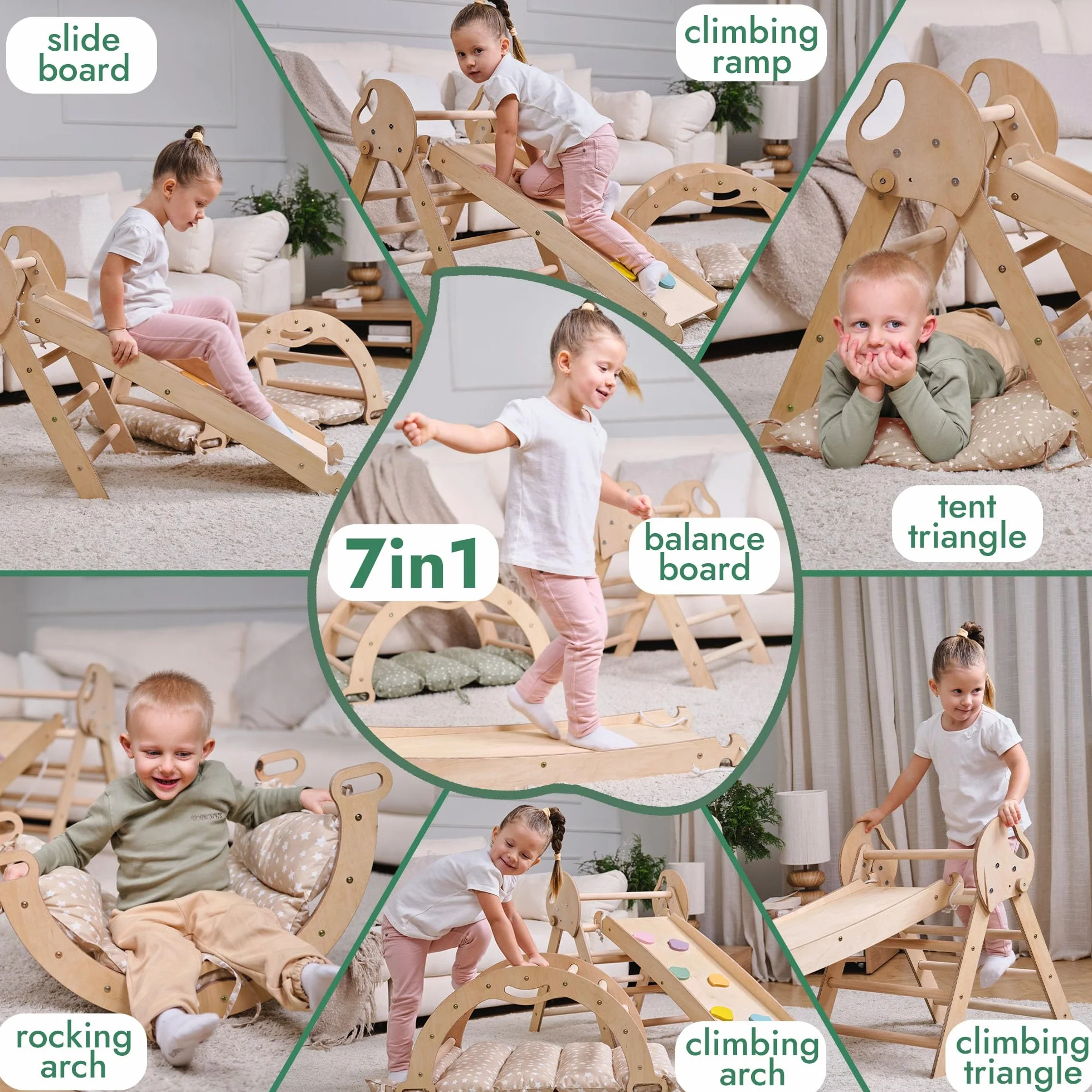 Goodevas Palestra in Legno 5 in 1 Bambini, Scala a Triangolo, Arco, Balance Board con Cuscino, Montessori 1-3 Anni
