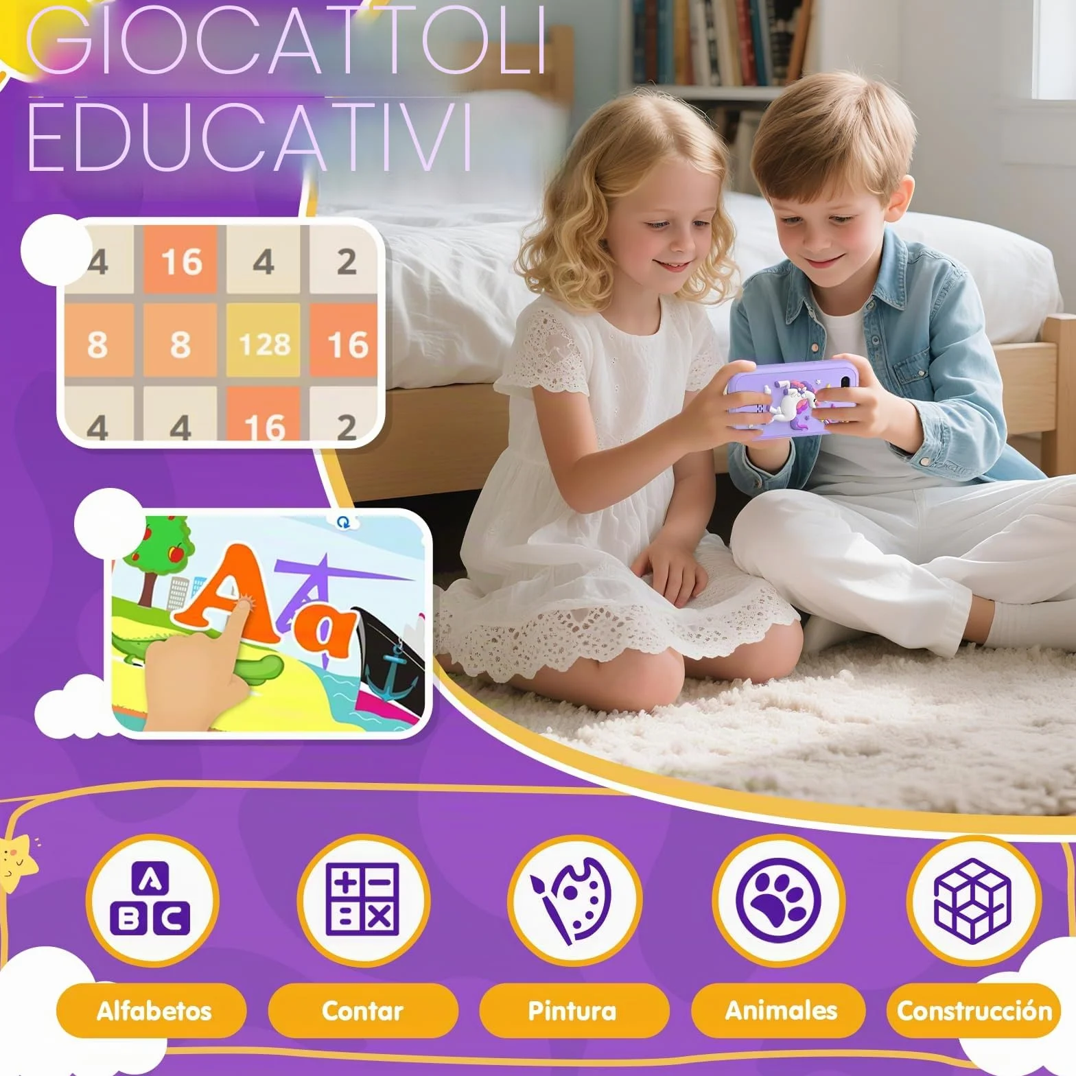 Fippesax Telefono Bambini, 2,8" Smartphone Bambini, Telefono Giocattolo per Bambine con 8GB Card, 20 Giochi Didattici, Doppia Fotocamera, Musicale, Sveglia - Regalo Natale/Compleanno Viola