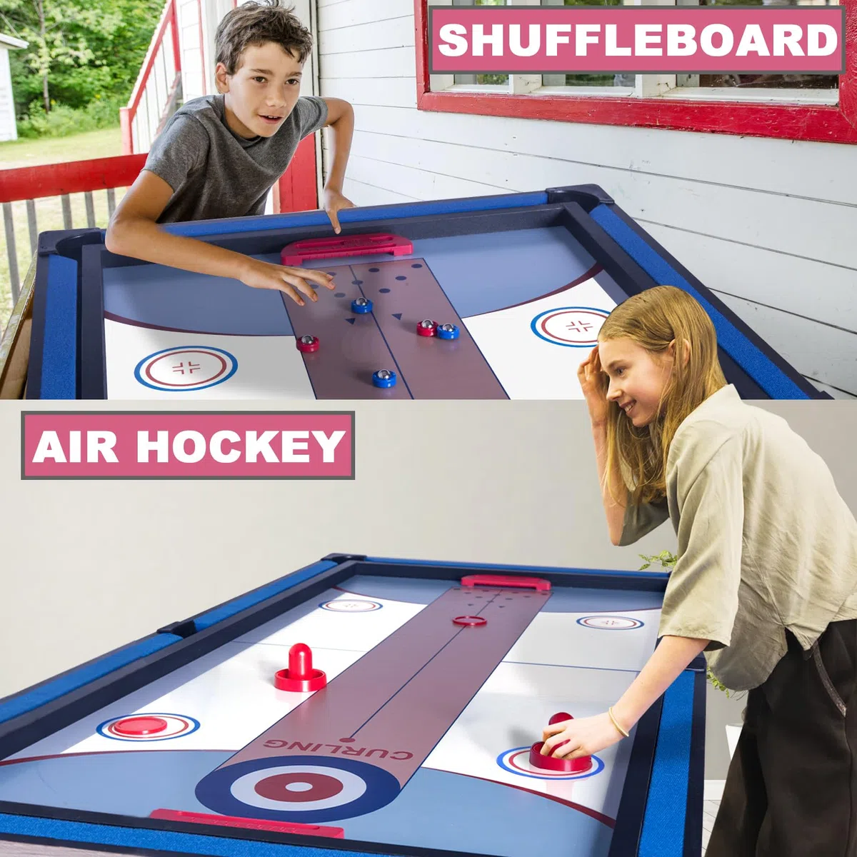 HLC Tavolo da biliardo pieghevole 5 in 1, tavolo da ping-pong, shuffleboard, curling, bowling, gioco da tavolo ad hockey ad aria, si può montare e smontare rapidamente.