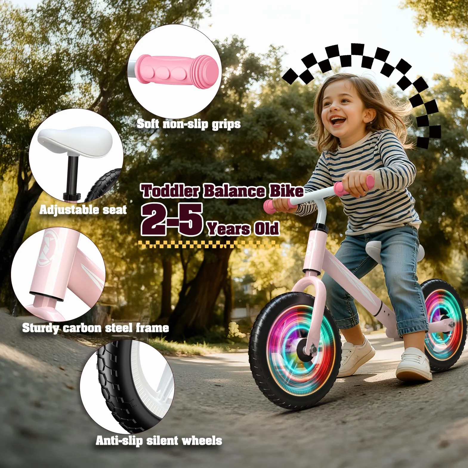 Bicicletta senza Pedali per Bambini 2-5 Anni, Regolabile in Altezza (Sella e Manubrio), Luci LED, Gomme Antiscivolo, Regalo Bambino 2 3 4 5 Anni, Max 50 kg, Colore Rosa