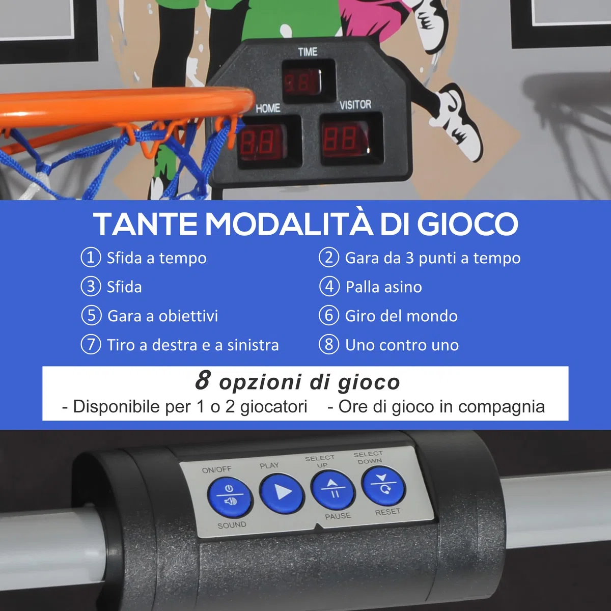 HOMCOM Canestro Basket con Tabellone LED, Pompa, 2 Canestri, 4 Palloni e 8 modalità di Gioco, Macchina da Pallacanestro Elettronica in Acciaio, Tessuto Oxford, MDF, 205x110x205 cm, Bianco e Nero