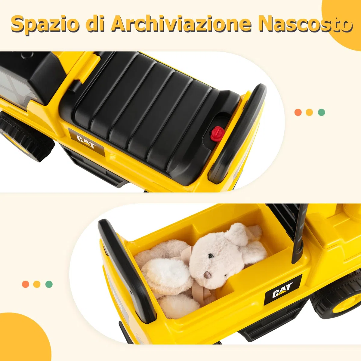 RELAX4LIFE Escavatore Ruspa Cavalcabile da 1-3 Anni per Bambini, con Licenza CATERPILLAR,Clacson suono,Braccio Girevole e Alzabile e e Vano Contenitore, 30x74x54 cm
