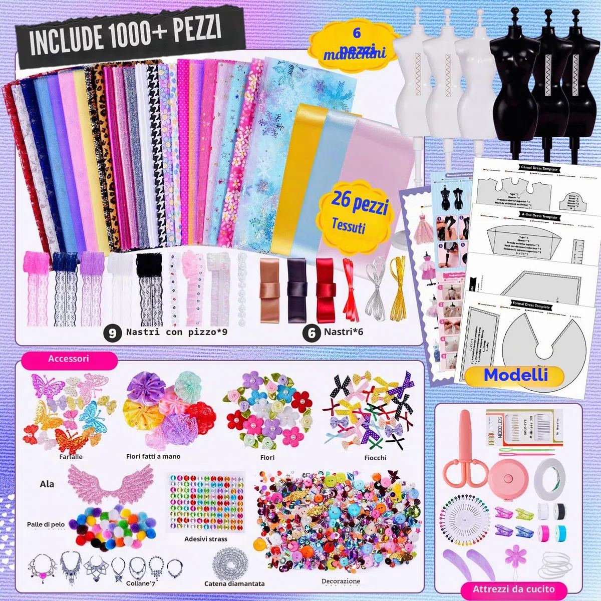 ONE TO FOUR 1000+ Pezzi – Kit Di Design Di Moda Per Ragazze con 6 Manichini, Kit Per Arte e Artigianato Creativi, Kit Da Cucito Per Bambini, Regalo di Compleanno per Bambine, 6 7 8 9 10 11 12+ anni