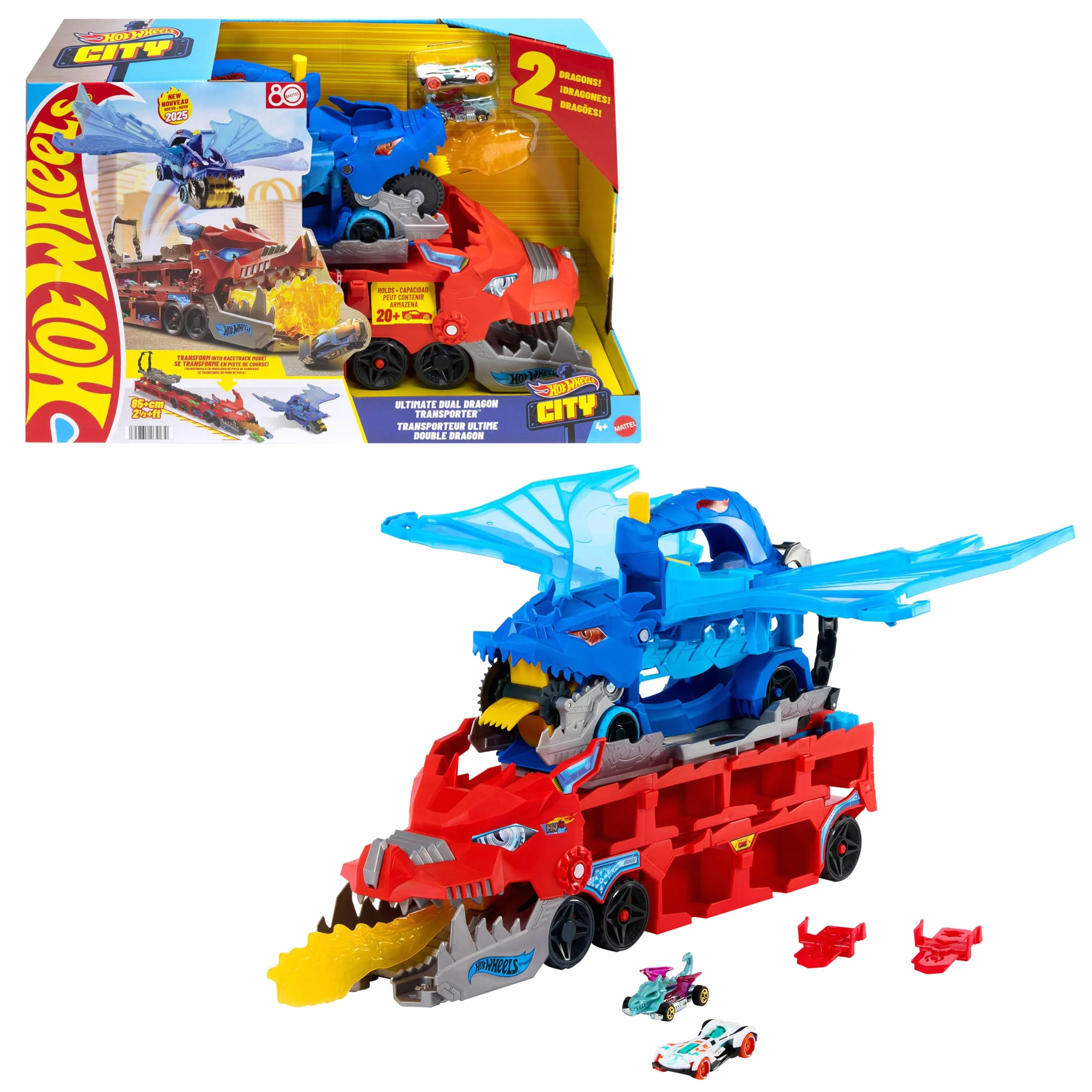 Hot Wheels - Drago Trasportatore, Veicolo trasformabile di Grandi Dimensioni con Drago Rimovibile e 2 macchinine Incluse, Contiene Fino a 20 Veicoli, Giocattolo per Bambini, 4+ Anni, JKJ79