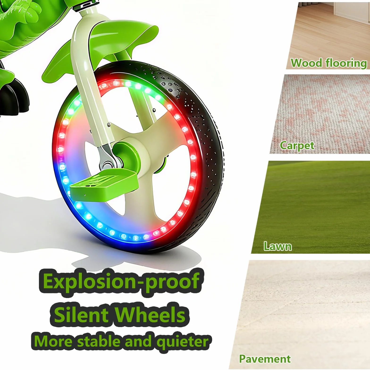 NMM Triciclo Dinosauro Con Clacson e Cesto Portaoggetti, Triciclo Bambini 2, 3, 4, 5, 6 Anni, Con Musica e Luci, Regali di Compleanno e Natale Adatti a Bambini e Bambine - Verde
