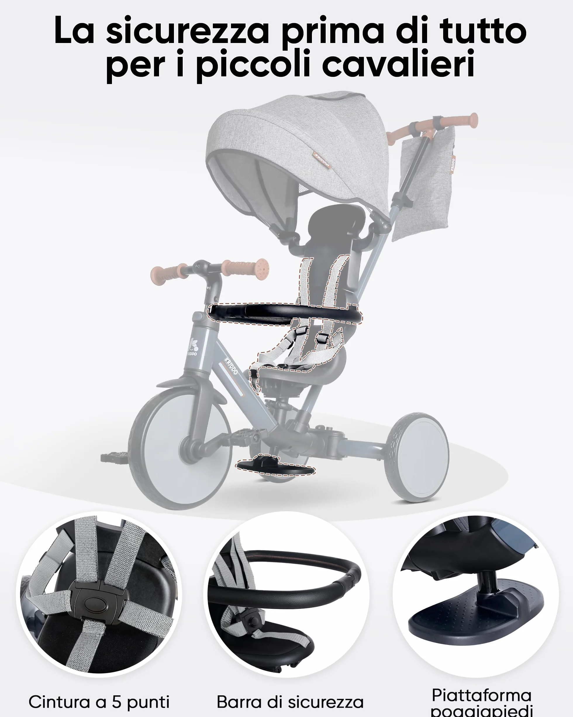 KRIDDO Triciclo evolutivo 8 in 1 per bambini 18 mesi-5 anni, Triciclo passeggino con maniglione, triciclo e bici senza pedali, cintura a 5 punti, cappottina pieghevole e borsa portaoggetti, Grigio