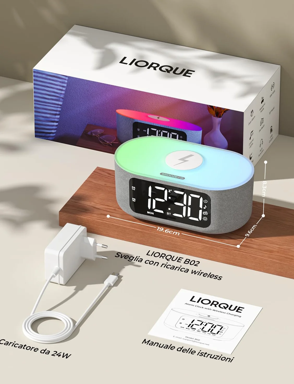 LIORQUE Sveglia Digitale Da Comodino Con Ricarica Wireless Da 15 W, Bluetooth,Doppi Allarmi, Snooze, Luce Noctturna, Timer Di Spegnimento, 10 Luminosità, 16 Livelli Di Volume,per Camera Da Letto