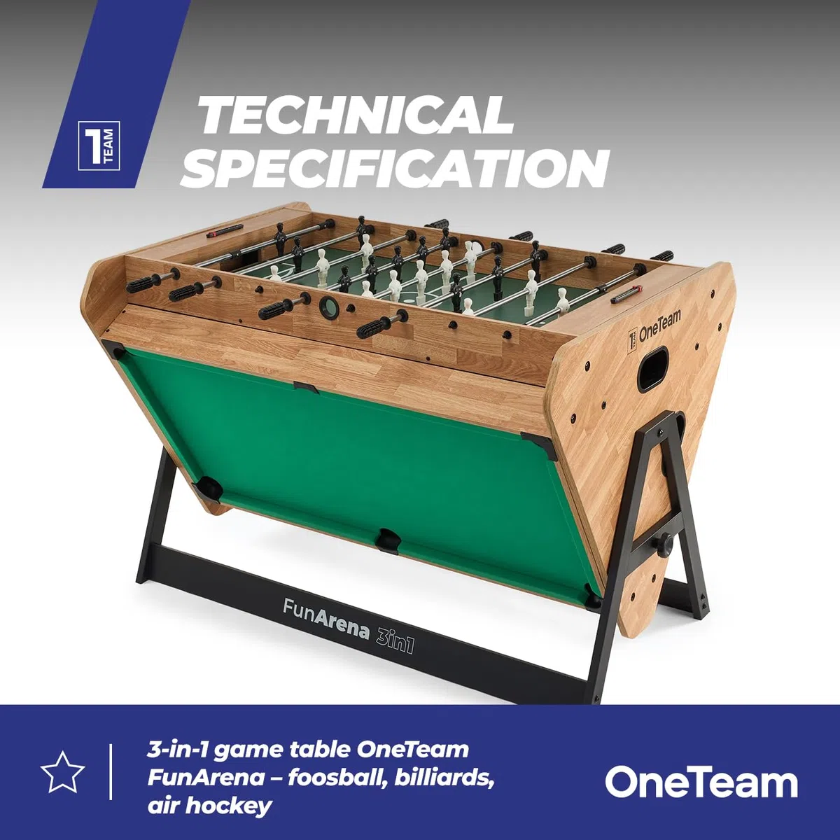 OneTeam FunArena 3in1 – Tavolo da gioco: calcio balilla, biliardo, air hockey; multifunzionale, stabile, compatto con campi di gioco intercambiabili, ideale per casa, sale comuni e stanze di gioco